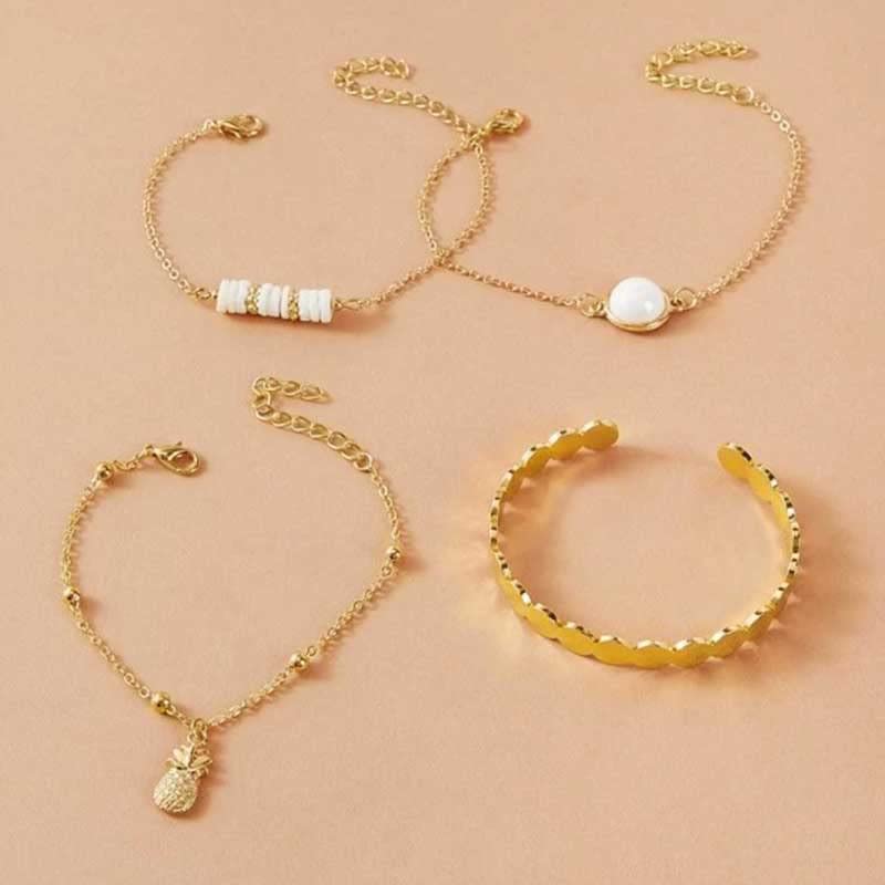 Shop-Story Ananas Bracelet Ensemble 4 Bracelets Perles Or Tropical