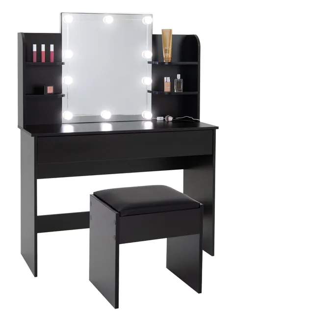 ECD Germany Meubles coiffeuse noire 108cm miroir LED + tabouret
