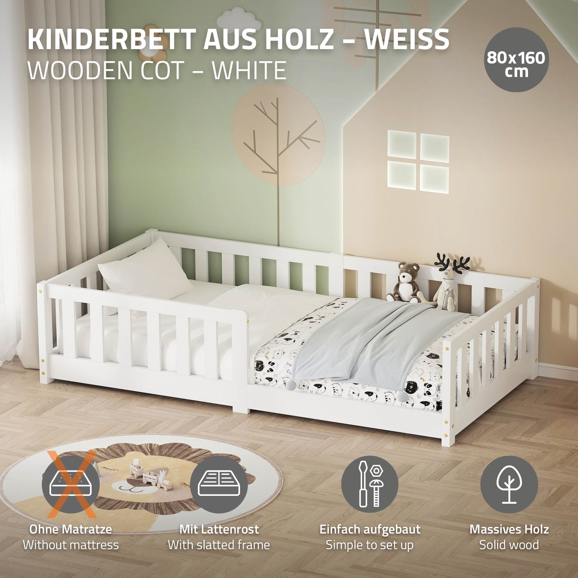ECD Germany Kinder lit enfant blanc 80x160 pin barrière