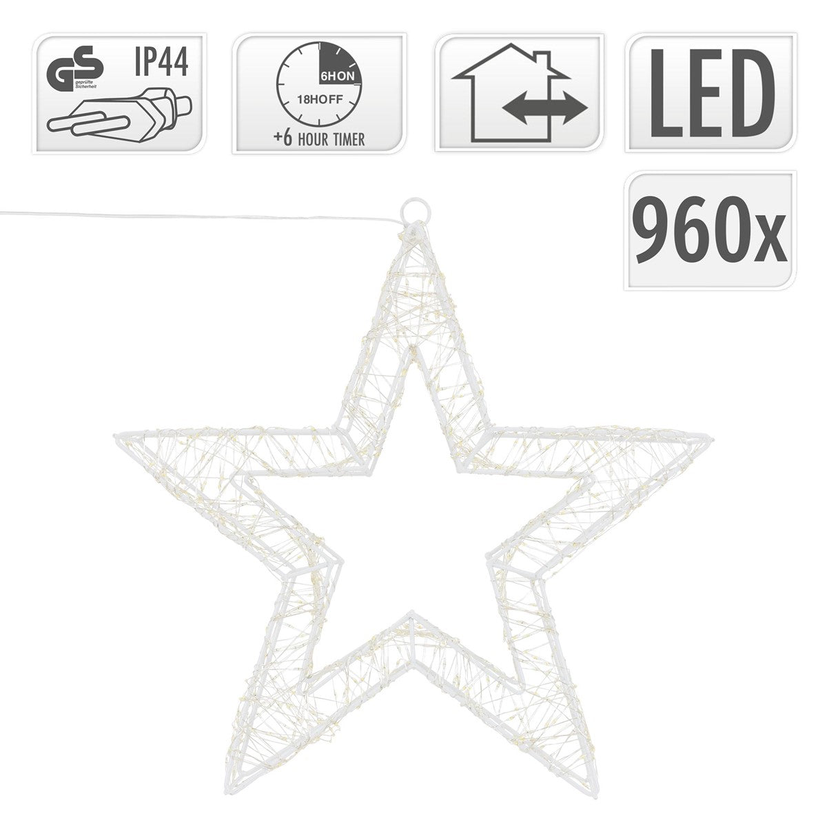 ECD Germany Étoile de Noël LED blanc chaud métal IP44 timer