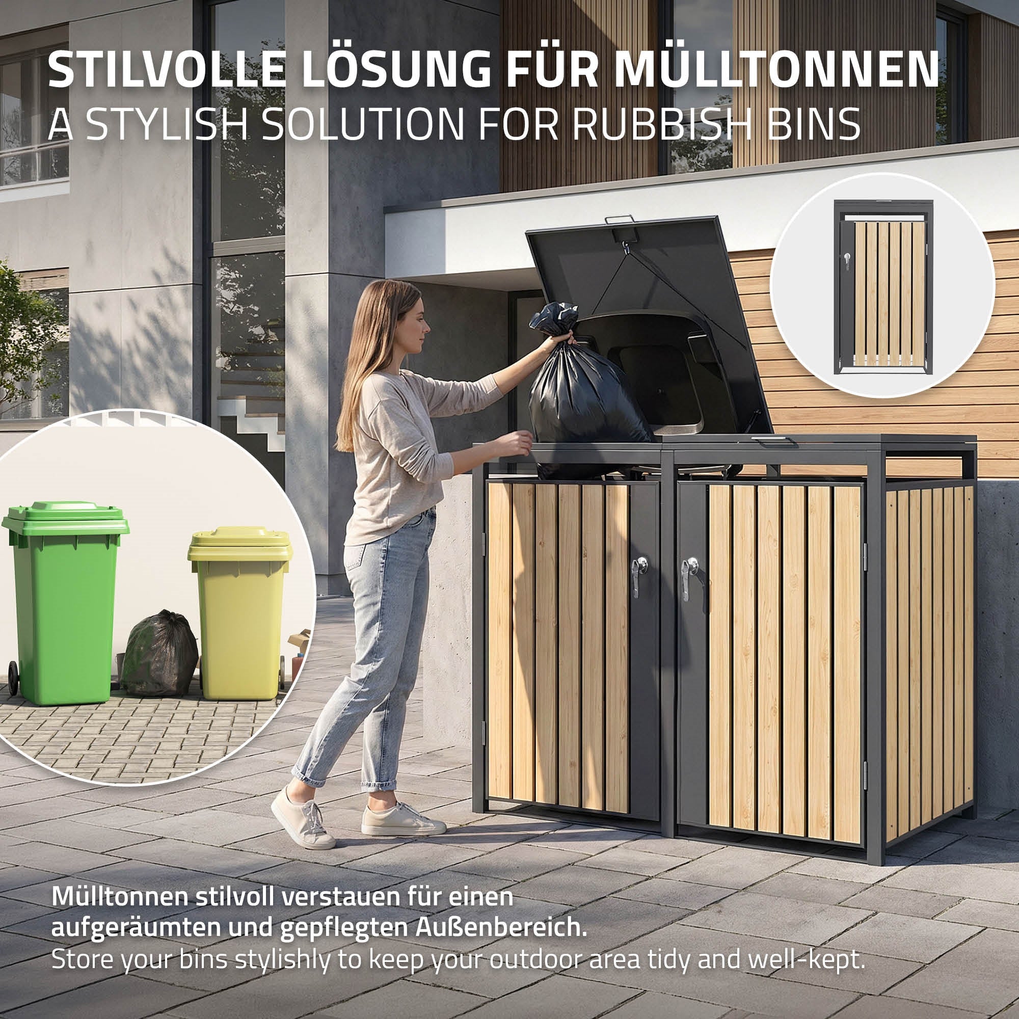 ECD Germany Garten Cache-Poubelles Triple 240L Aspect Mélèze
