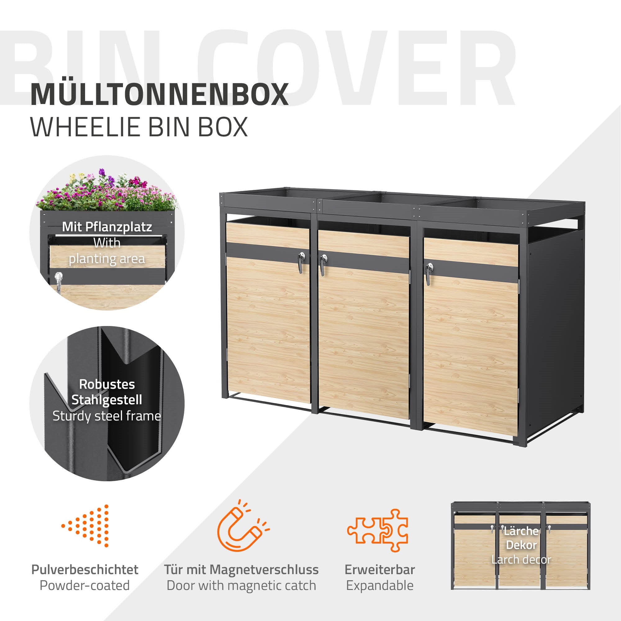 ECD Germany Garten cache poubelle triple 200x80 jardinière