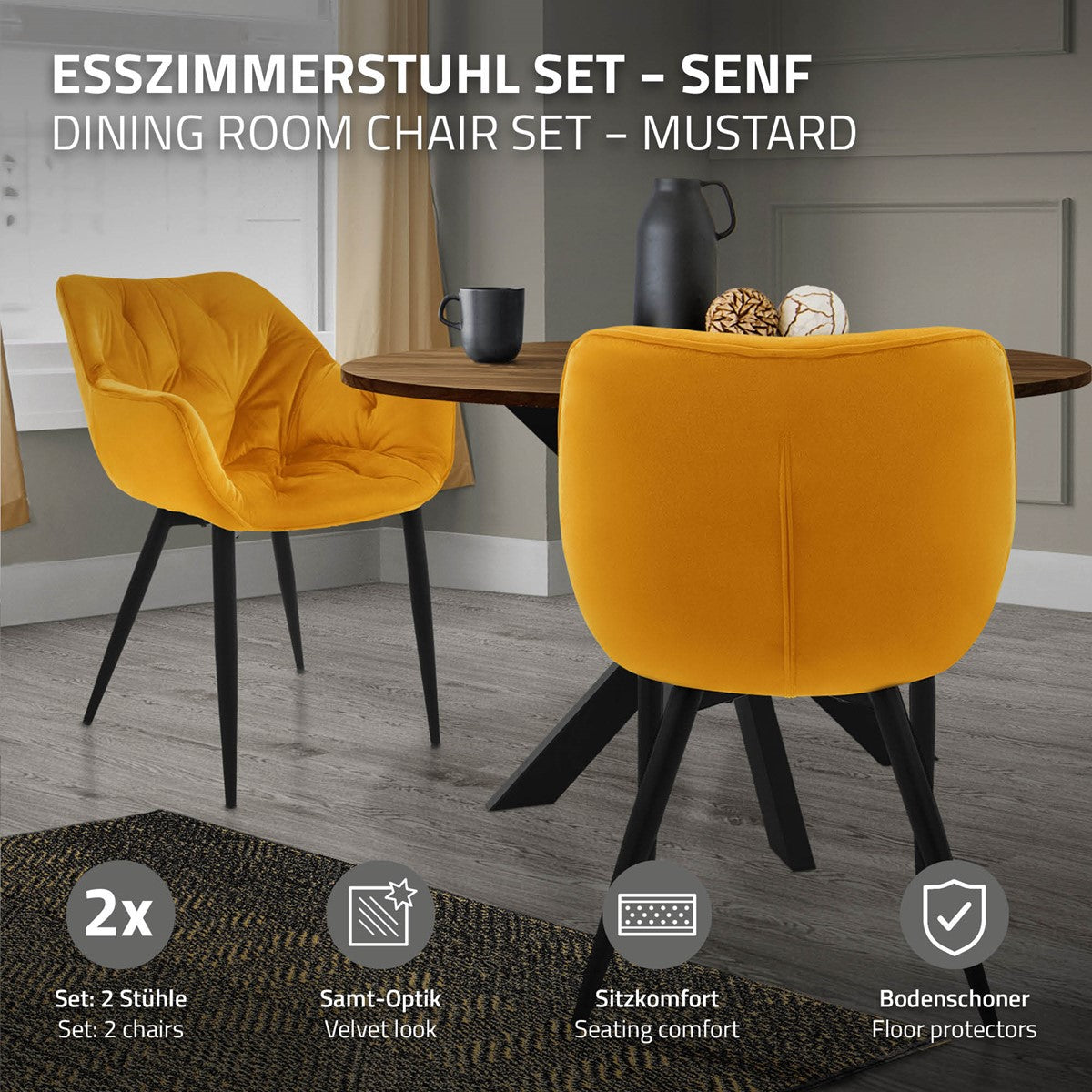 ECD Germany ML-Design chaise salle à manger velours moutarde lot 2