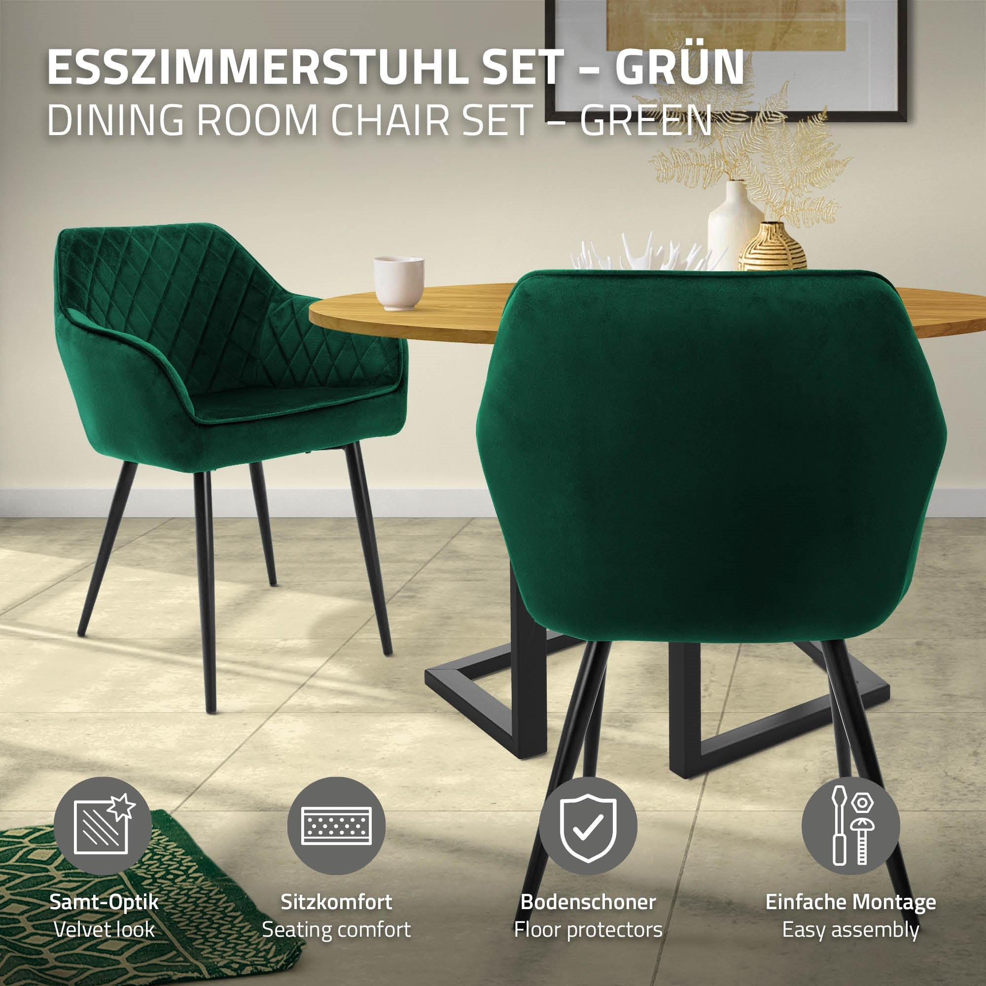 ECD Germany ML-Design chaise salle à manger velours vert lot 4