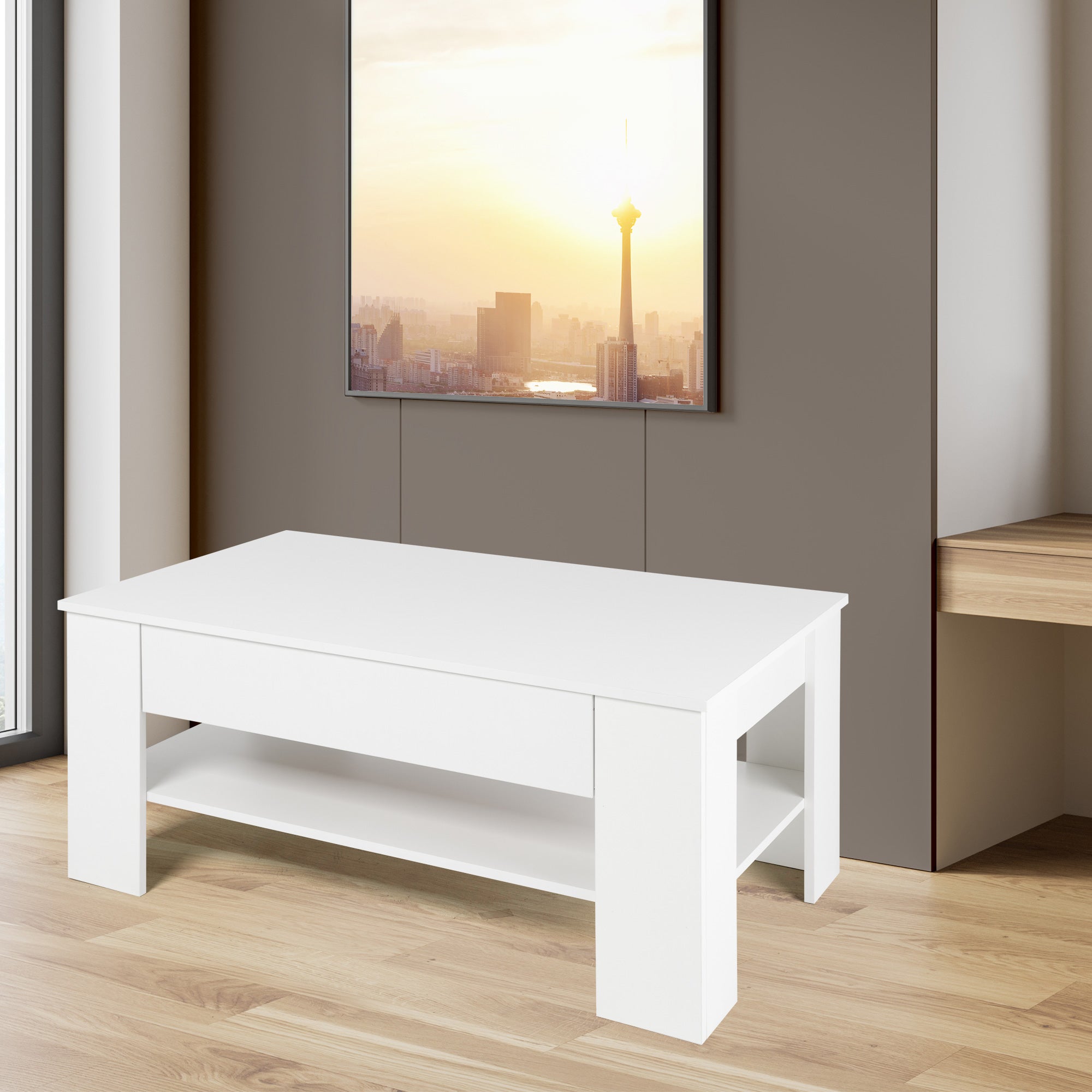 ML-Design Table basse blanche 110x65x48 tiroir et niche