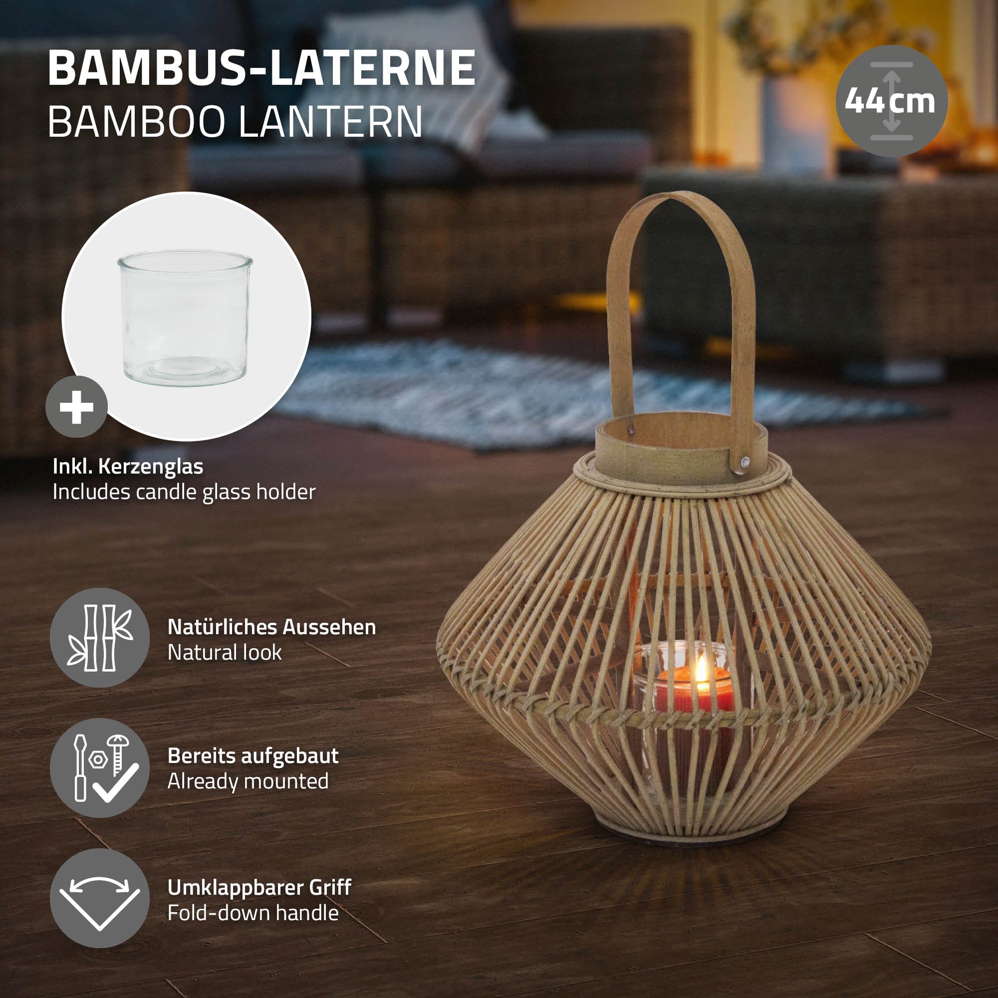 ECD Germany Garten Lanterne bambou 44 cm bois avec verre