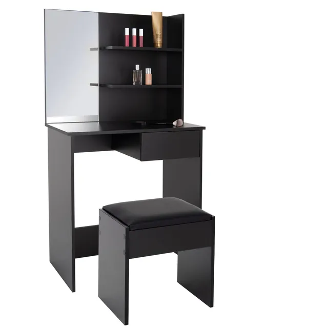 ECD Germany Möbel coiffeuse noire miroir + tabouret 75x40x135 cm