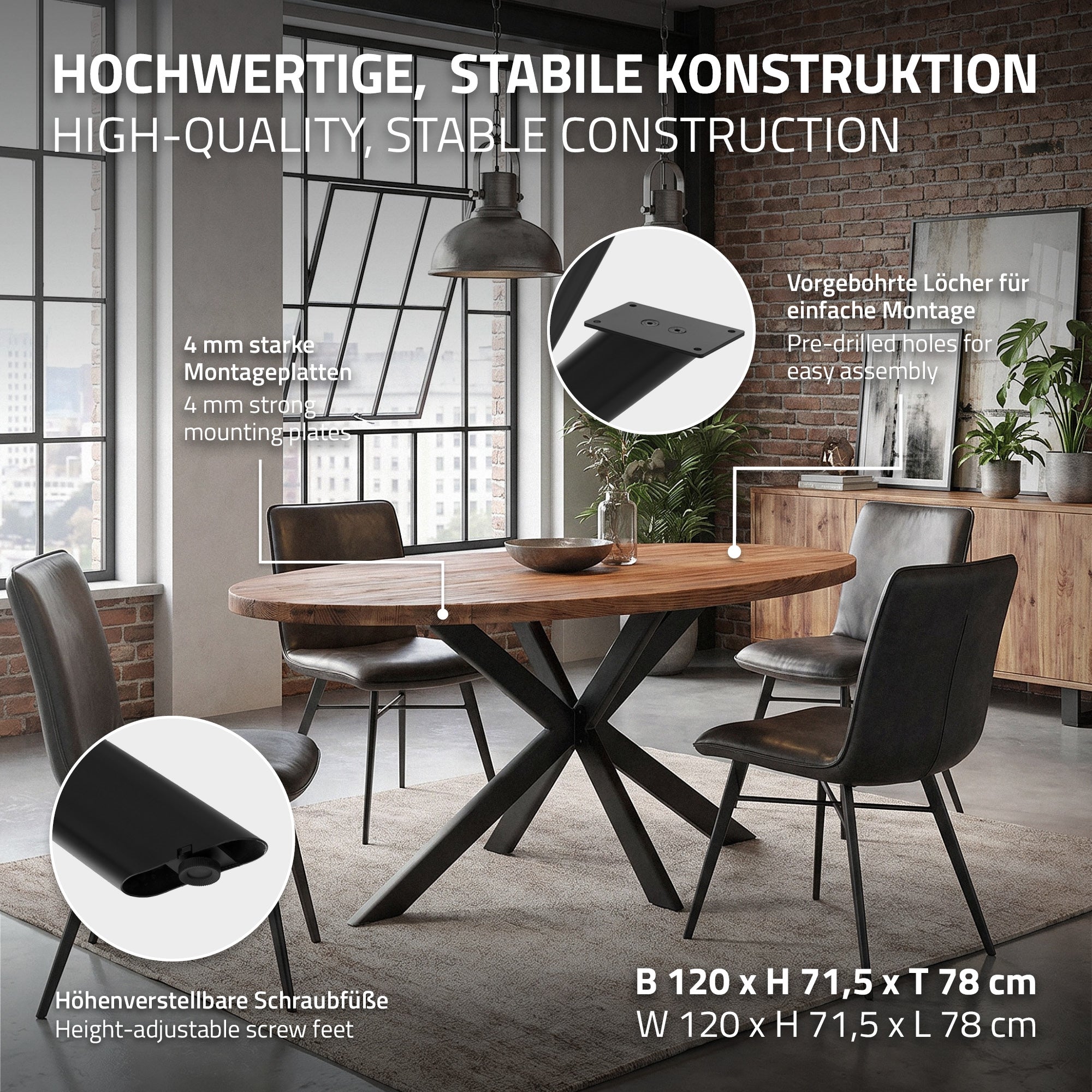 ECD Germany Möbel pieds table Spider noir plat 120x78x71,5 acier