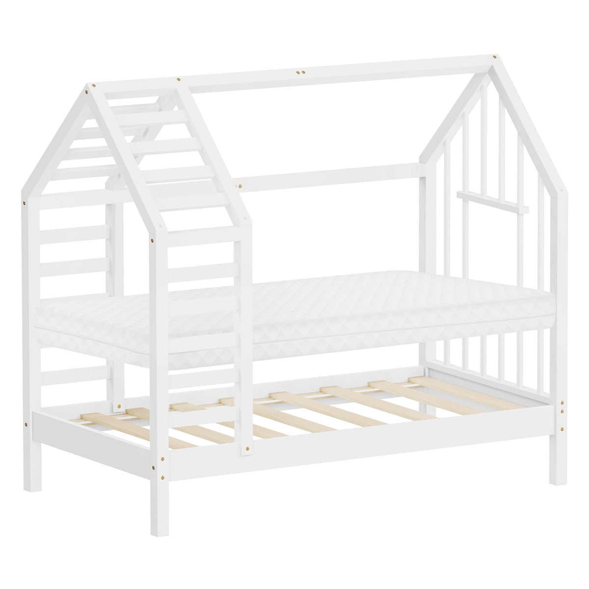 ECD Germany Kinder Lit Cabane 70x140 cm Blanc + Matelas