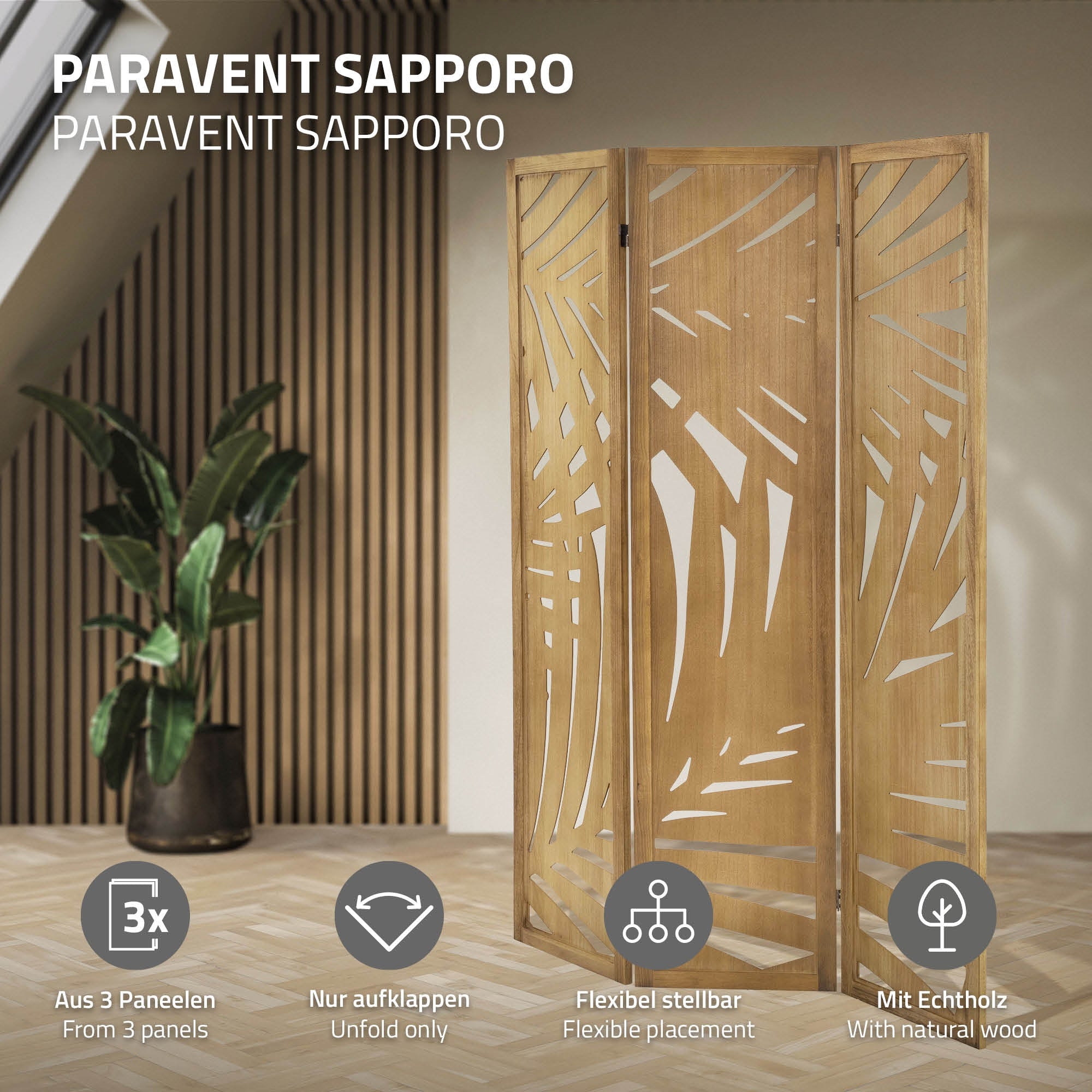 ECD Germany Sapporo Paravent bois 170x121 cm marron 3 pans