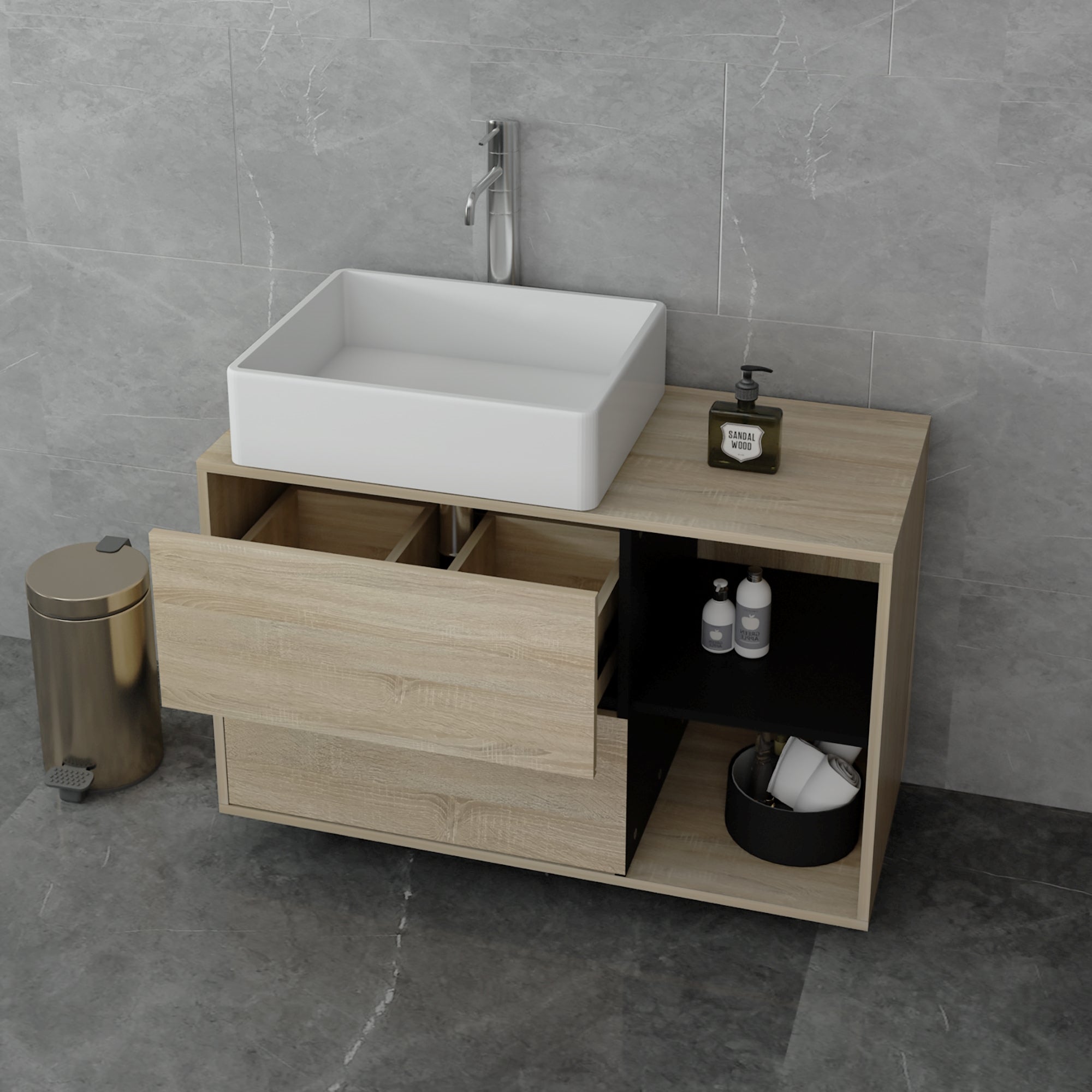 ECD Germany Sanitär meuble sous-vasque 100 cm marron noir 2 tiroirs