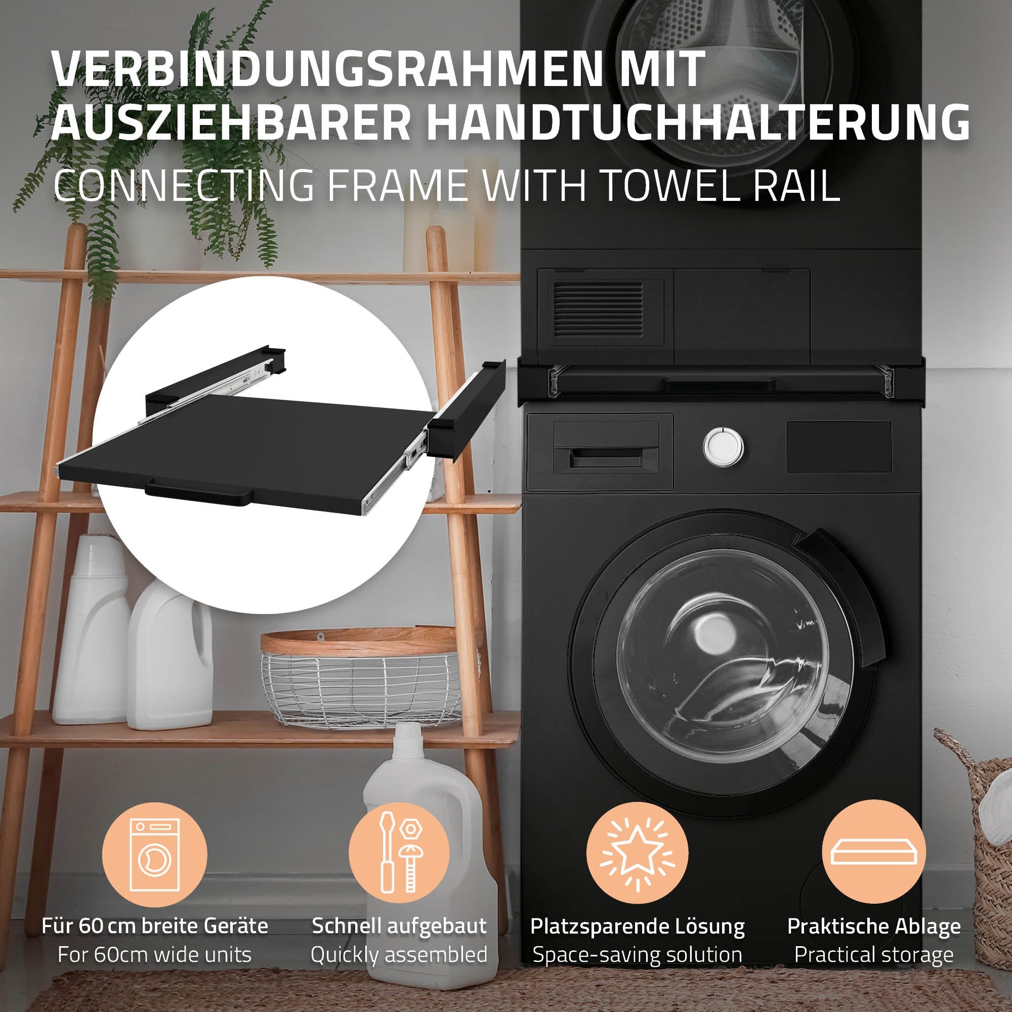 ECD Germany Möbel cadre lave-linge noir 60x60 cm avec tiroir