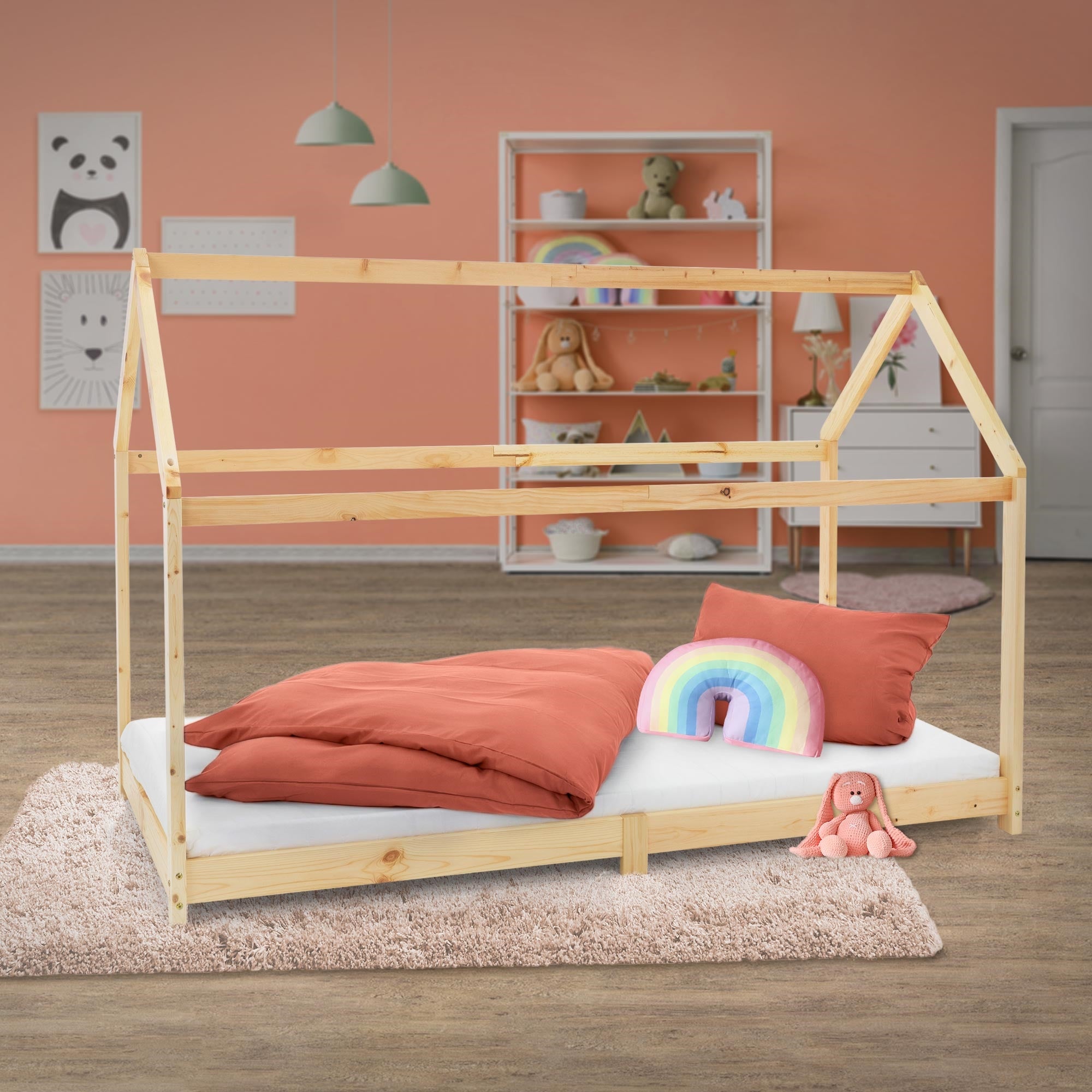 ECD Germany Kinder lit cabane 90x200 pin avec toit