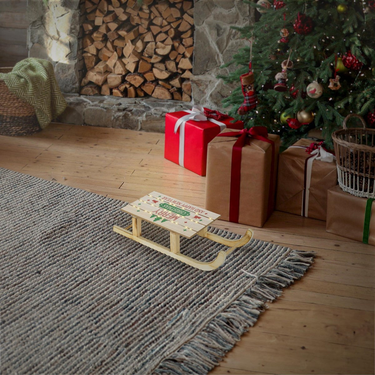 ECD Germany Haus & Wohnen Traîneau Noël LED Bois 42 cm Marron