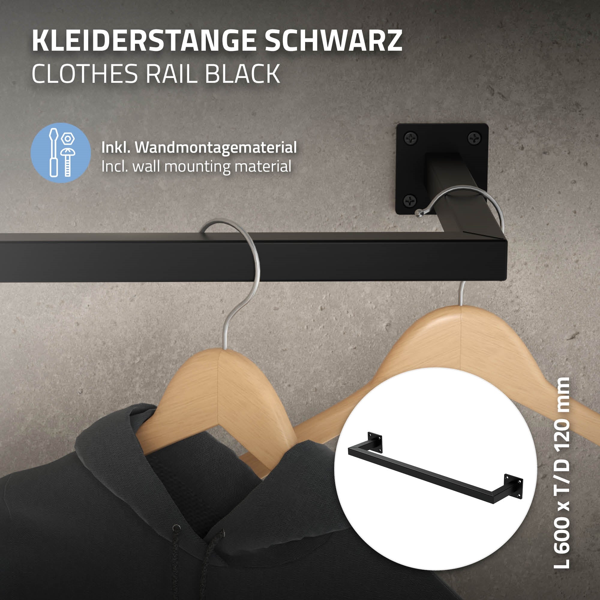 ECD Germany Möbel tringle vêtements murale noire 12x60 lot de 2 acier
