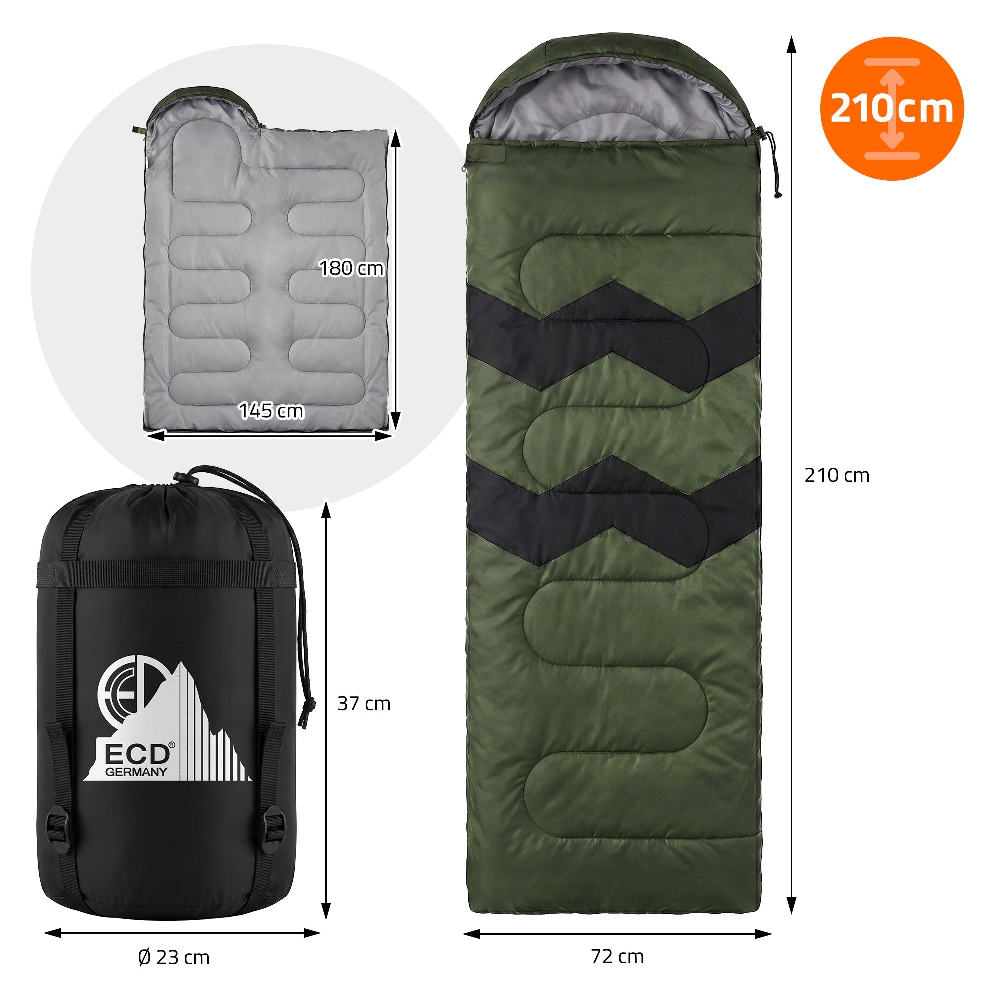 ECD Germany 210 cm sac de couchage kaki 3 saisons déperlant