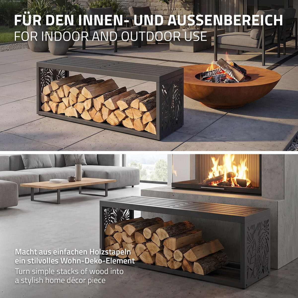 ECD Germany Garten range-bûches banc 120cm anthracite acier