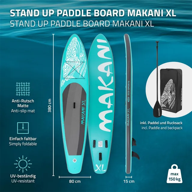 ECD Makani XL paddle gonflable turquoise 380x80cm pompe sac