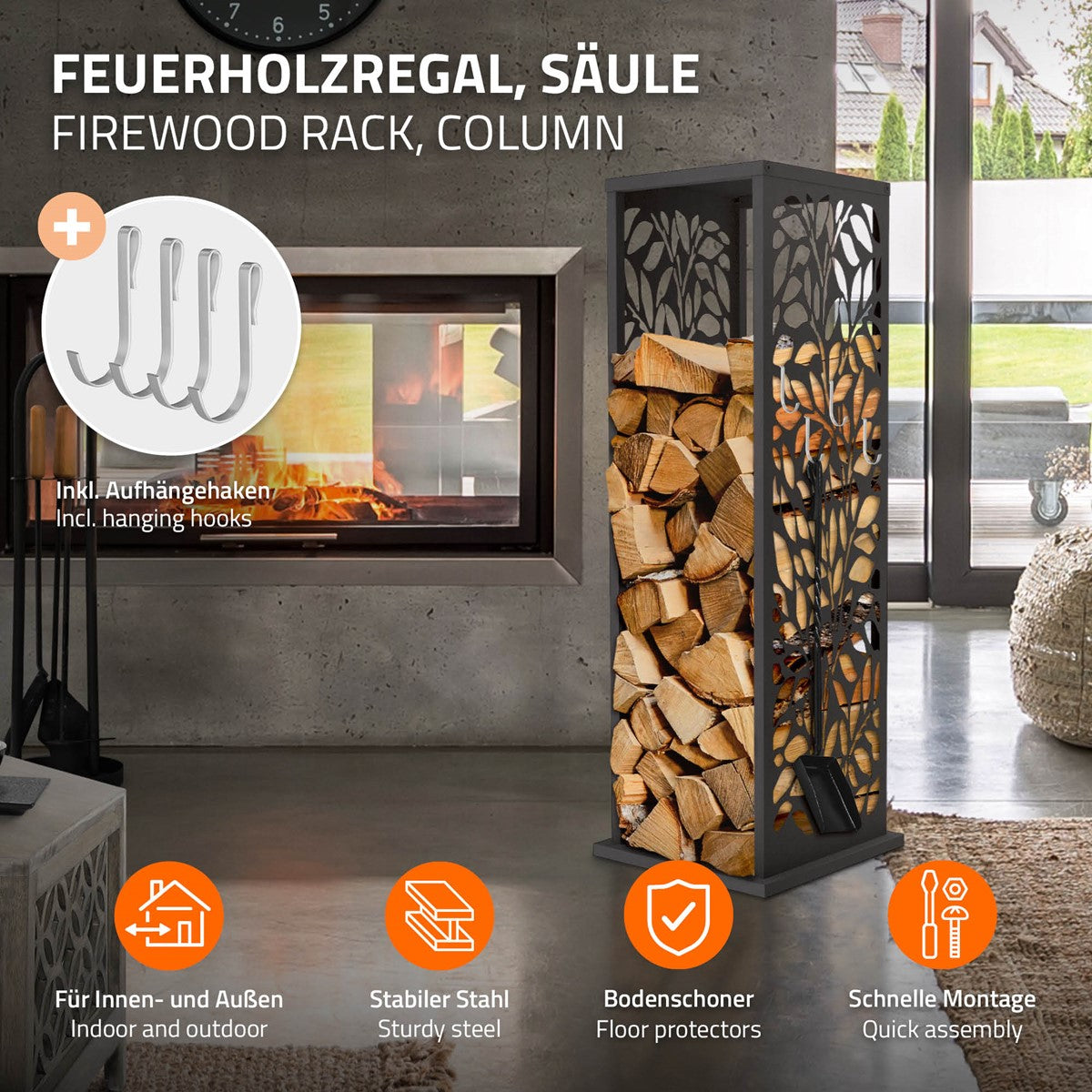 ECD Germany range-bûches colonne feuilles anthracite acier