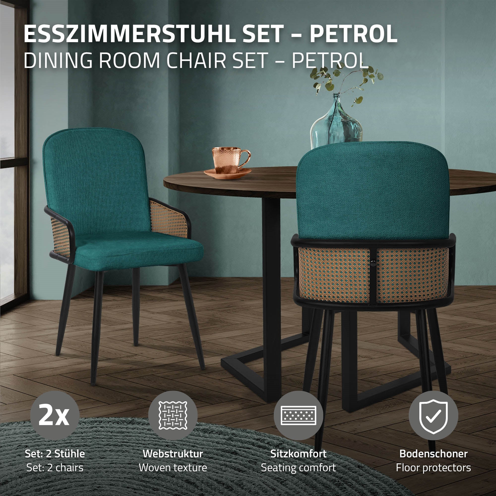 ECD Germany Möbel lot 2 chaises salle à manger pétrole accoudoirs rotin