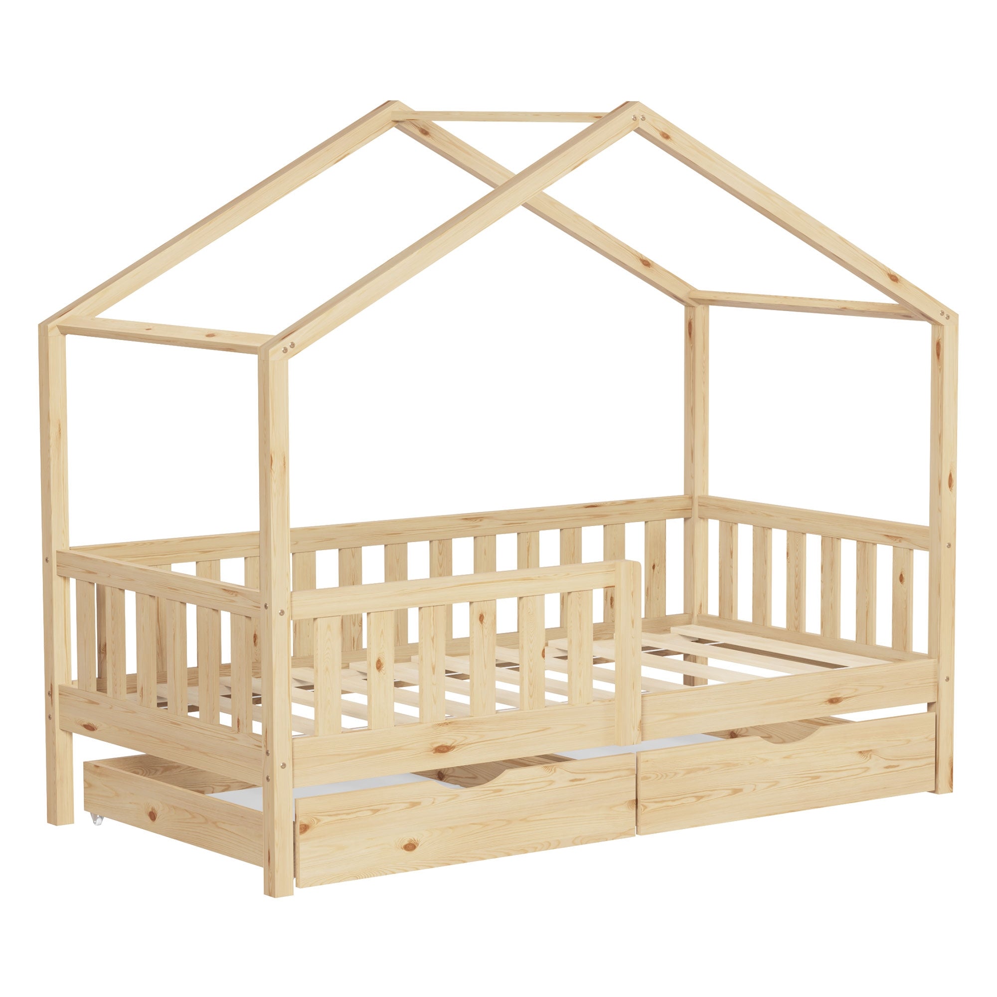 ECD Germany lit cabane 70x140 naturel 2 tiroirs pin avec sommier