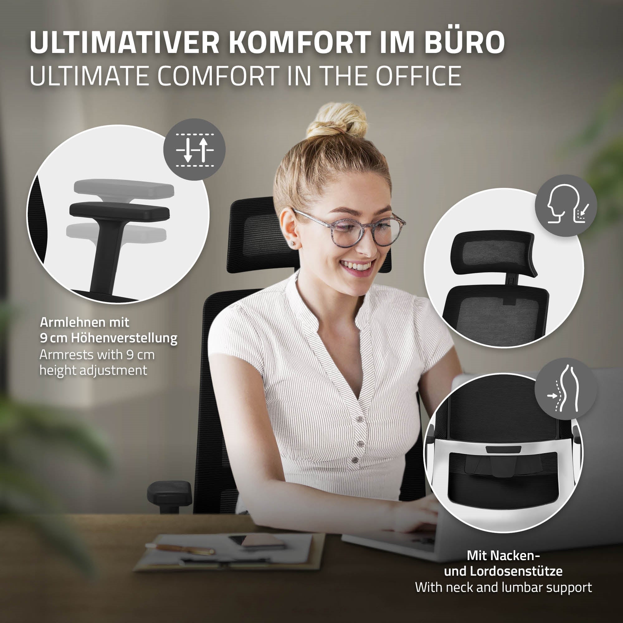 ECD Germany Surpreme chaise bureau ergonomique gris filet
