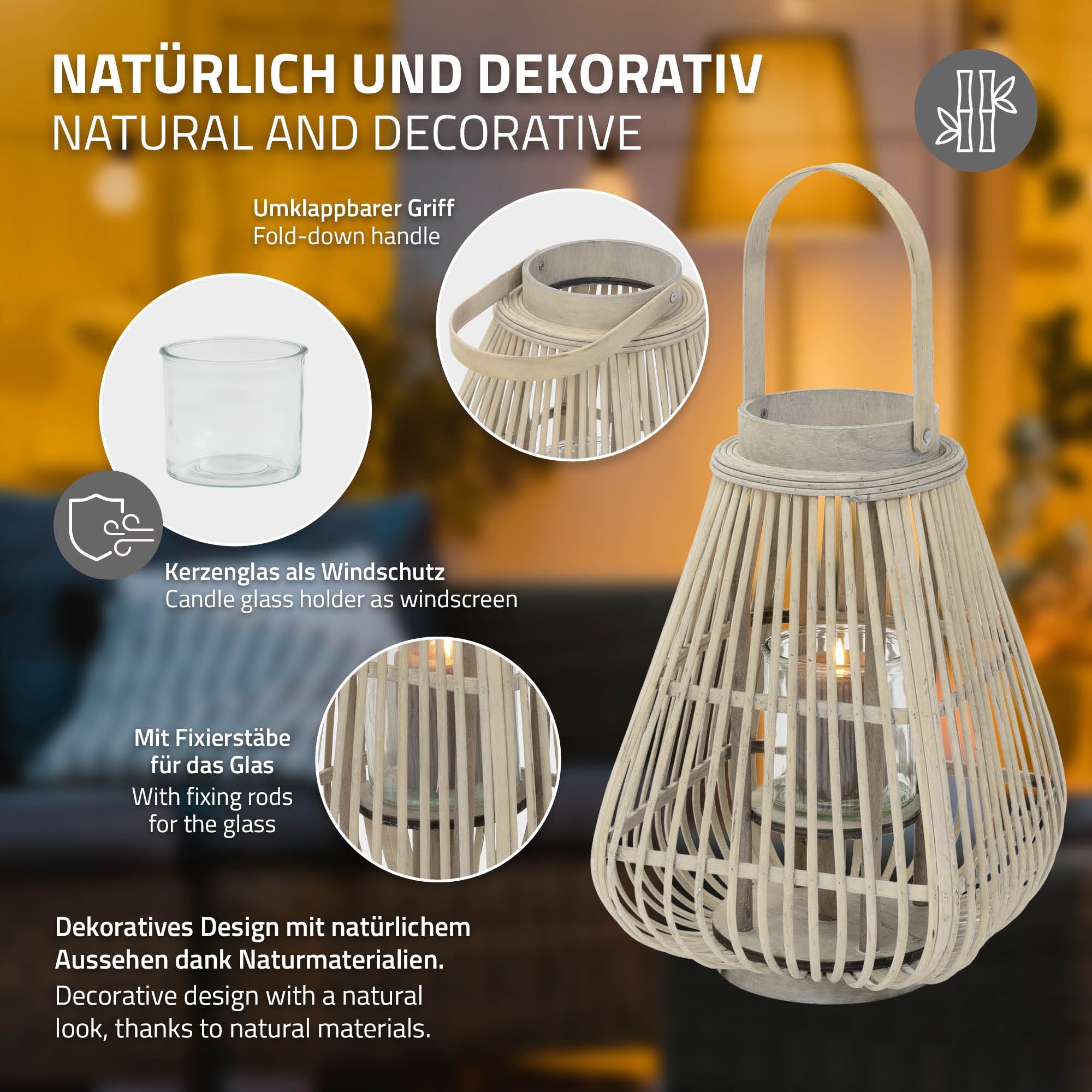 ECD Germany Garten lanterne bambou 50 cm photophore bois