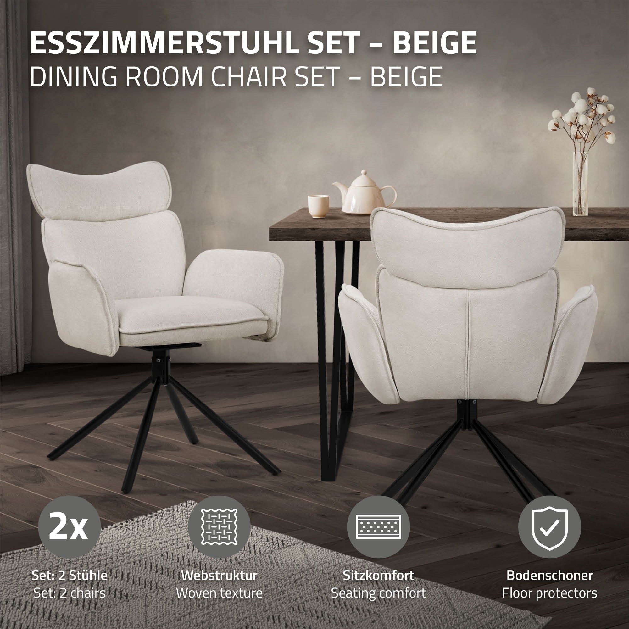 ECD Germany Möbel chaise salle à manger pivotante anthracite lot 2 tissu