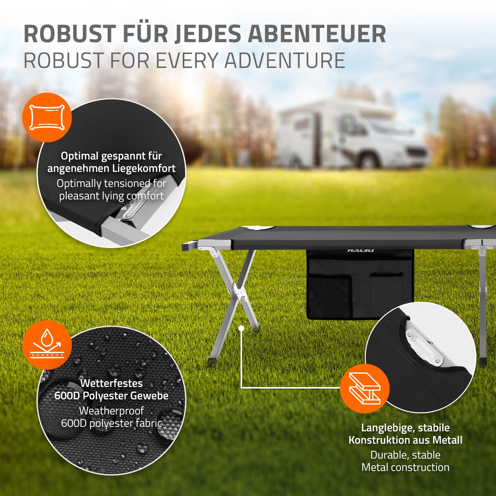 ECD Germany Hauki lit de camp pliant noir 210x83x46 cm 150 kg