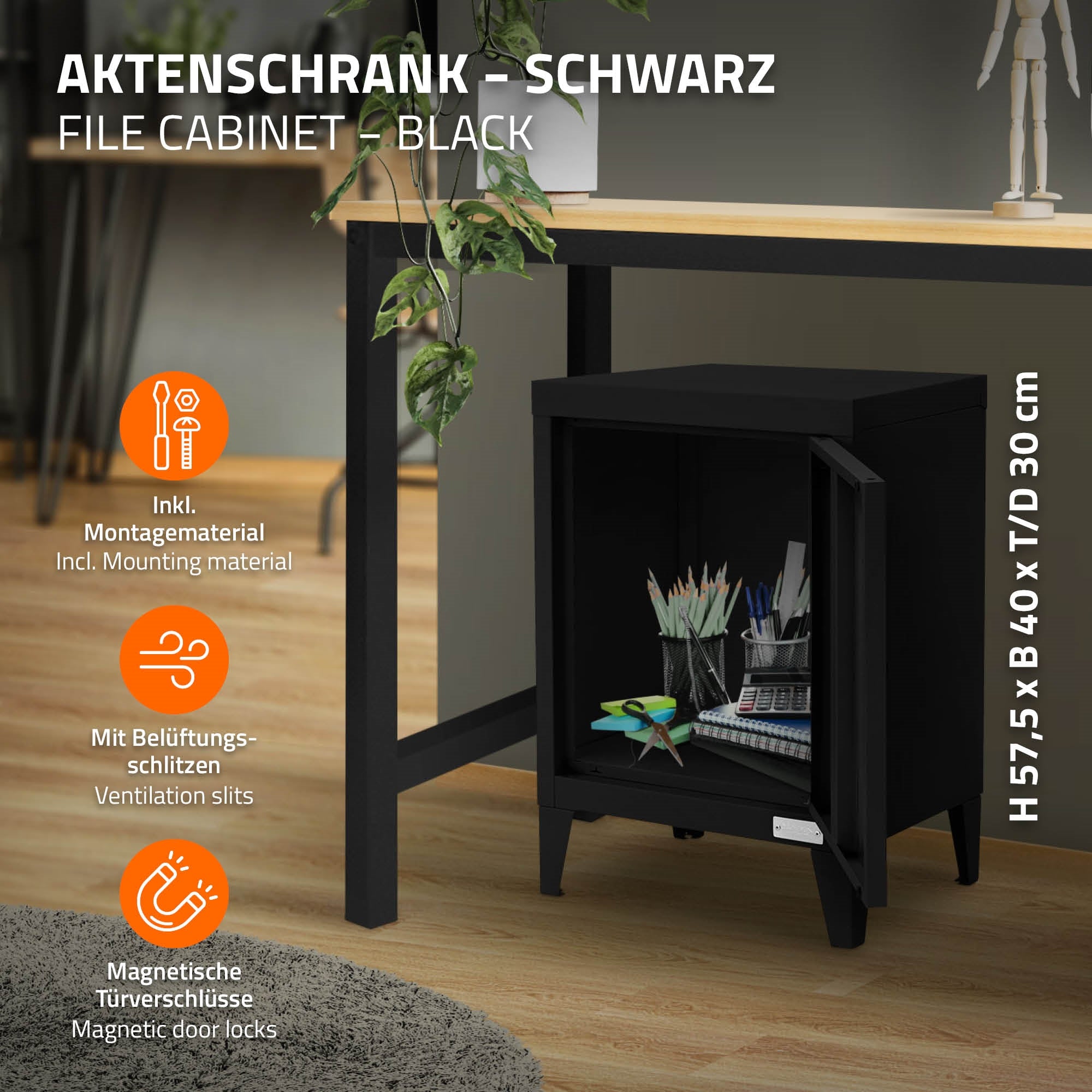 ECD Germany Werkstatt armoire bureau acier noir 40x30x57,5 cm