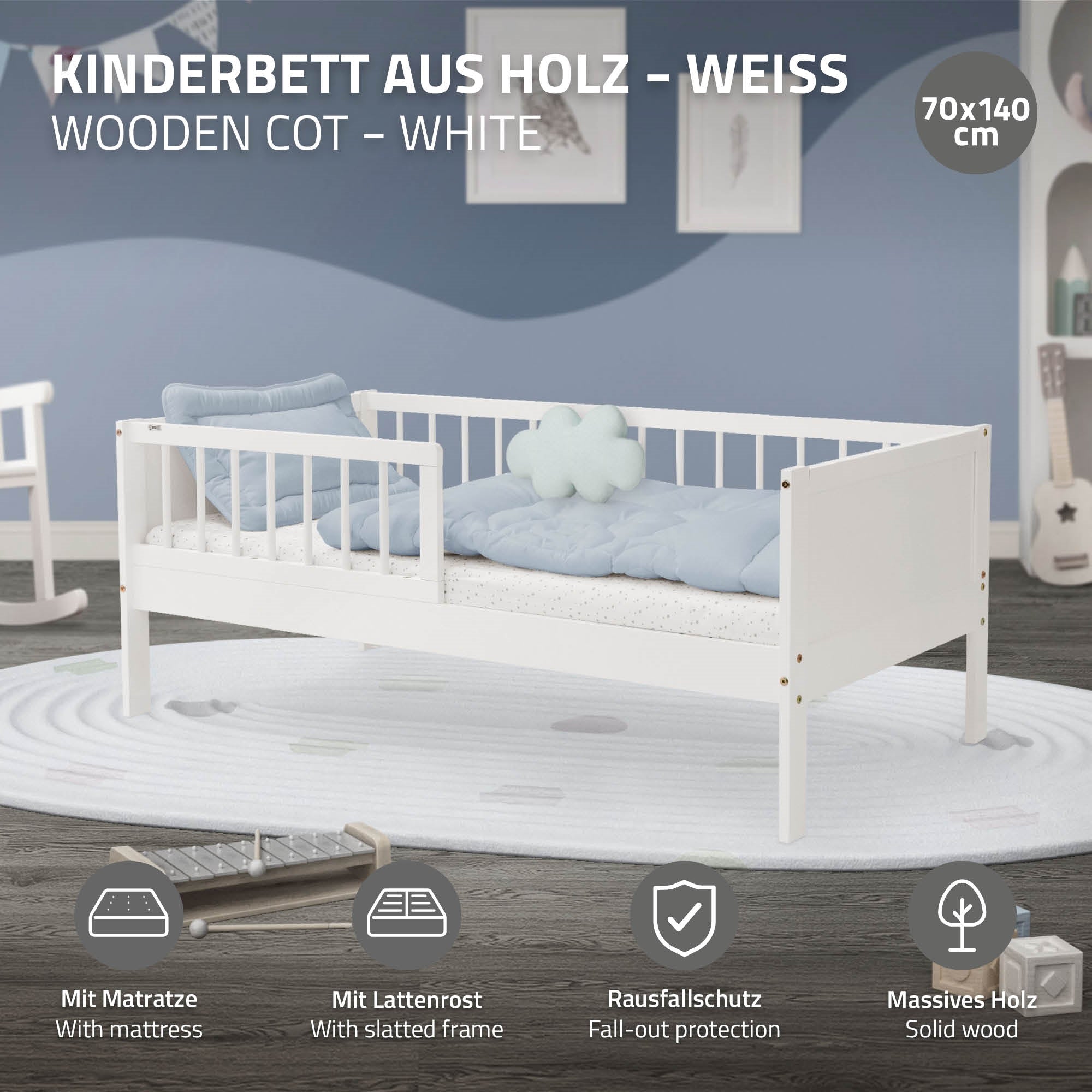 ML-Design Lit enfant 70x140 blanc pin + matelas + barrière