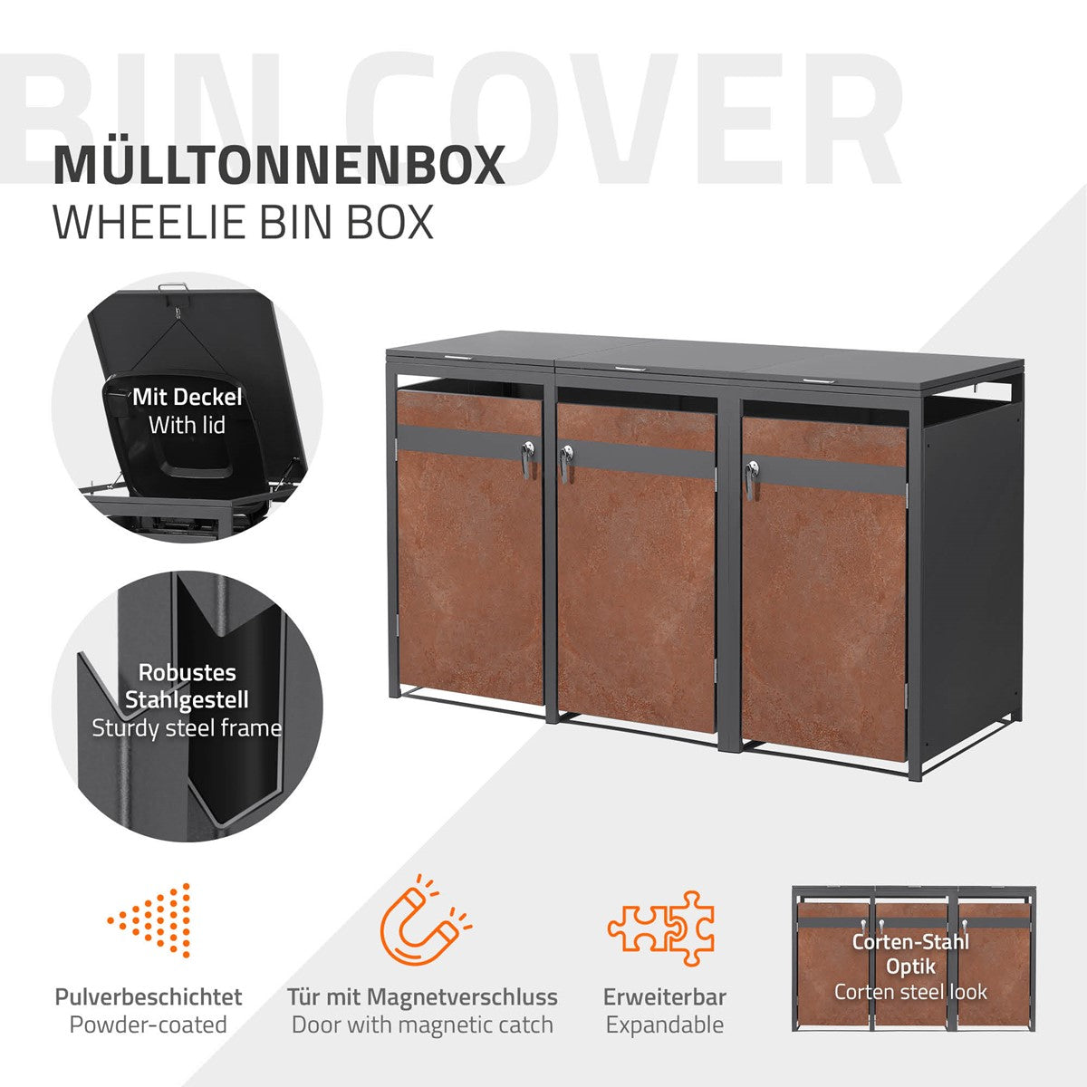 ECD Germany cache-poubelles triple 240L 200x80 cm acier rouille