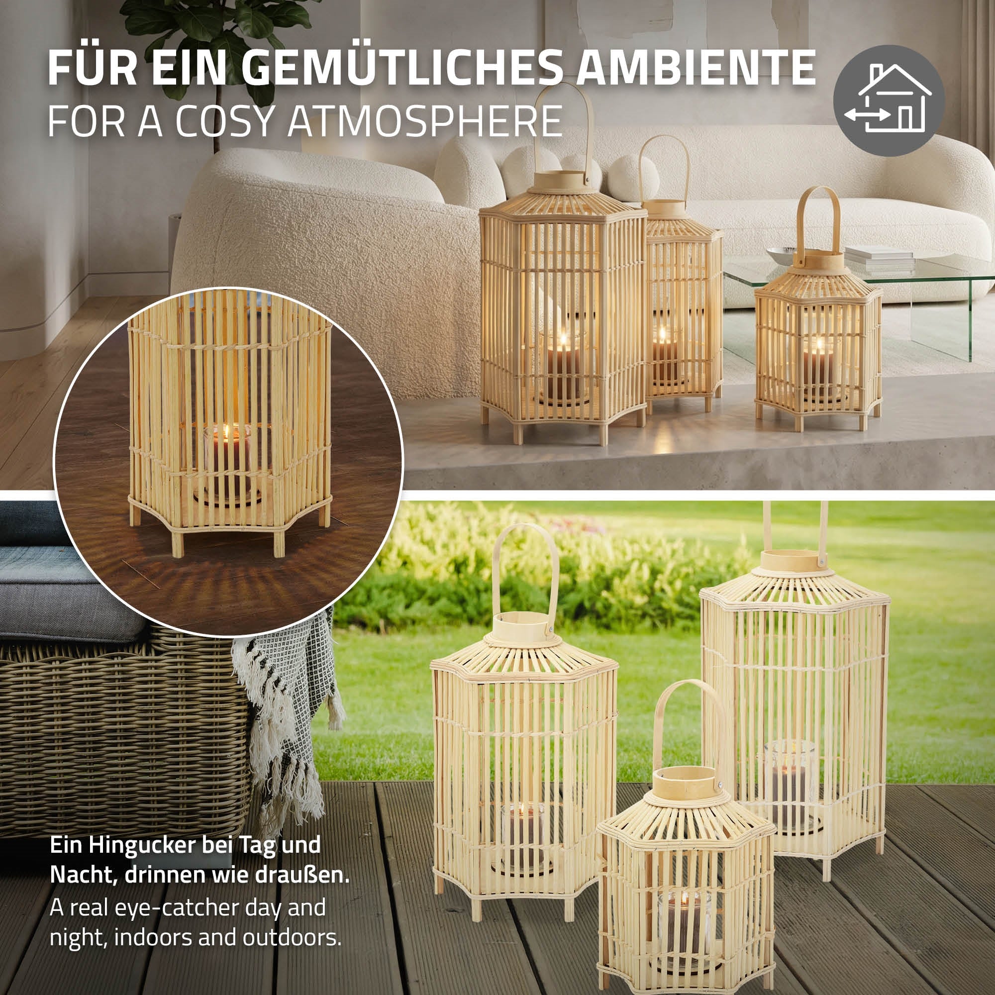 ECD Germany Garten lanterne bambou 60 cm bois tressé