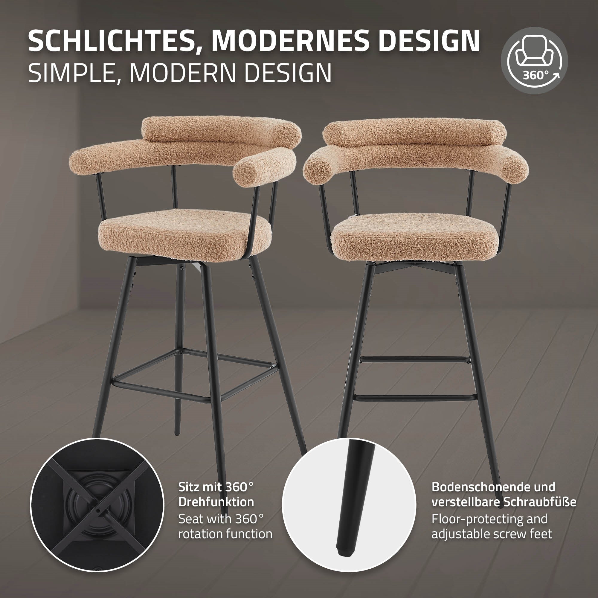 ECD Germany ML-Design tabouret de bar pivotant beige lot 2