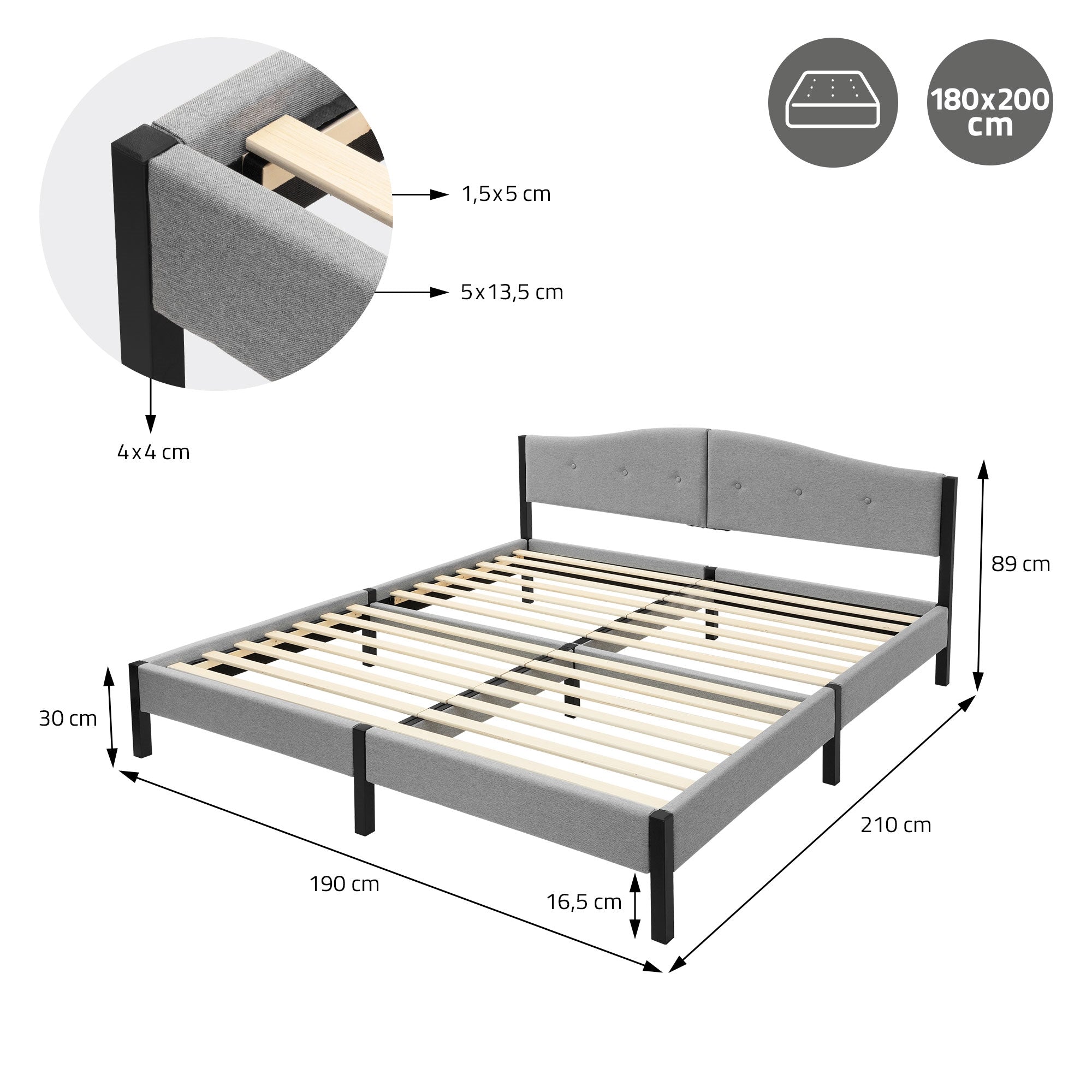 ECD Germany ML-Design lit capitonné gris 180x200 sans matelas