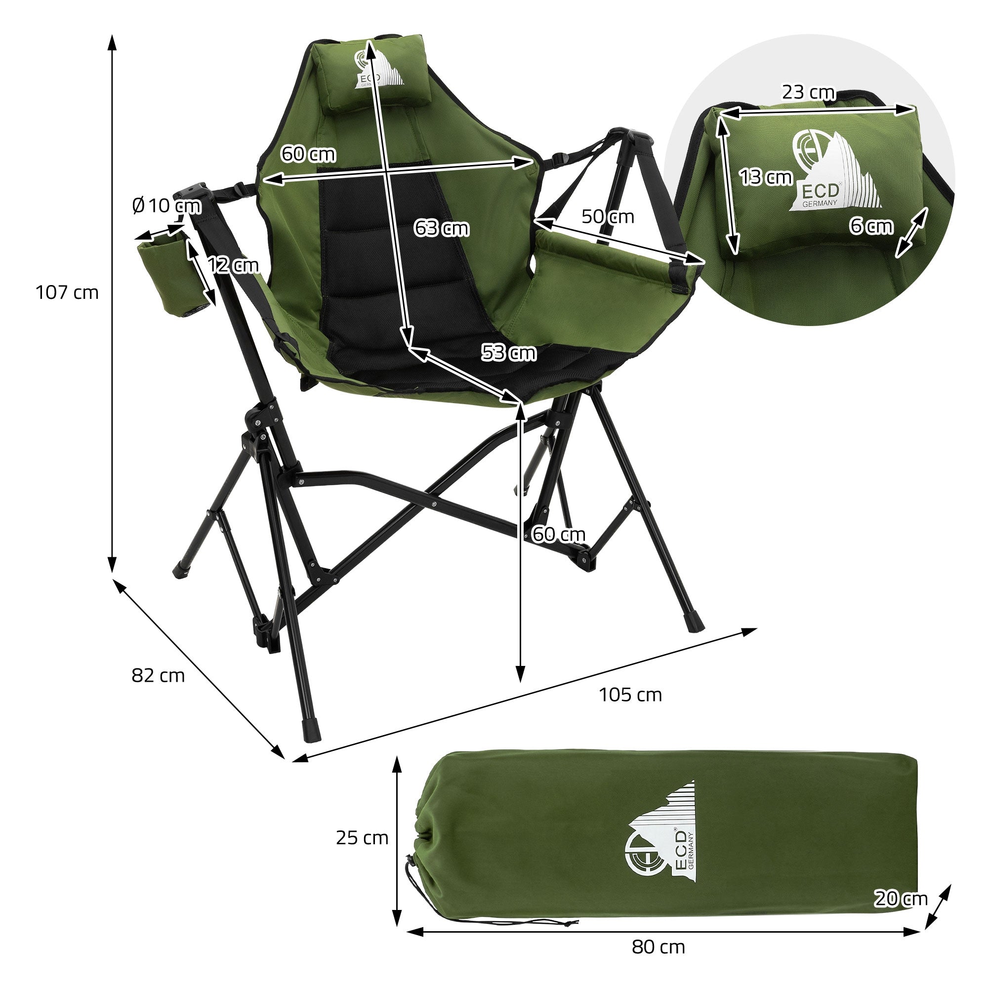 ECD Germany chaise camping pliante kaki 150 kg porte-gobelet