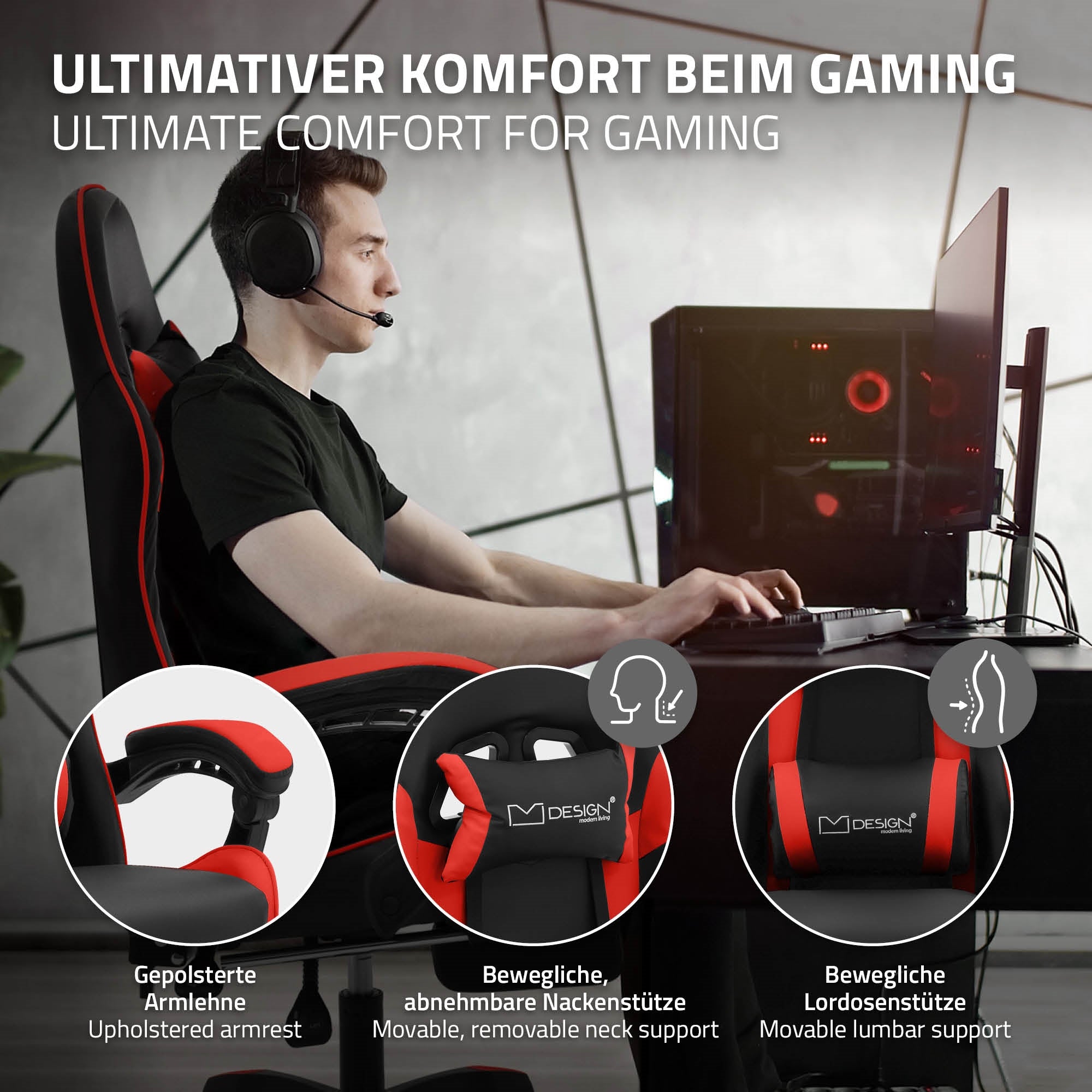 ECD Germany ML-Design chaise gaming noir-rouge similicuir