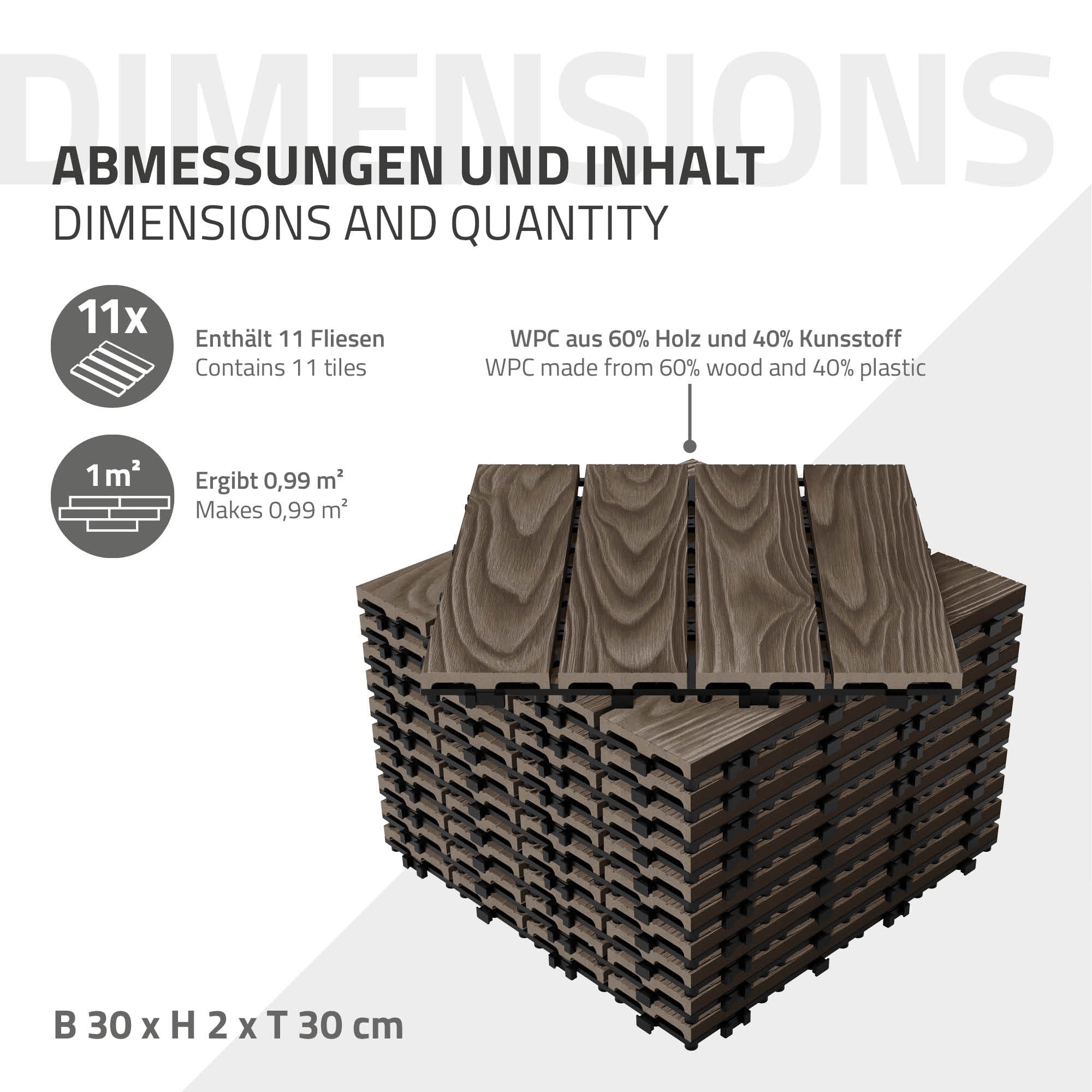ECD Germany Garten Dalles terrasse 30x30 marron foncé 2m² effet bois