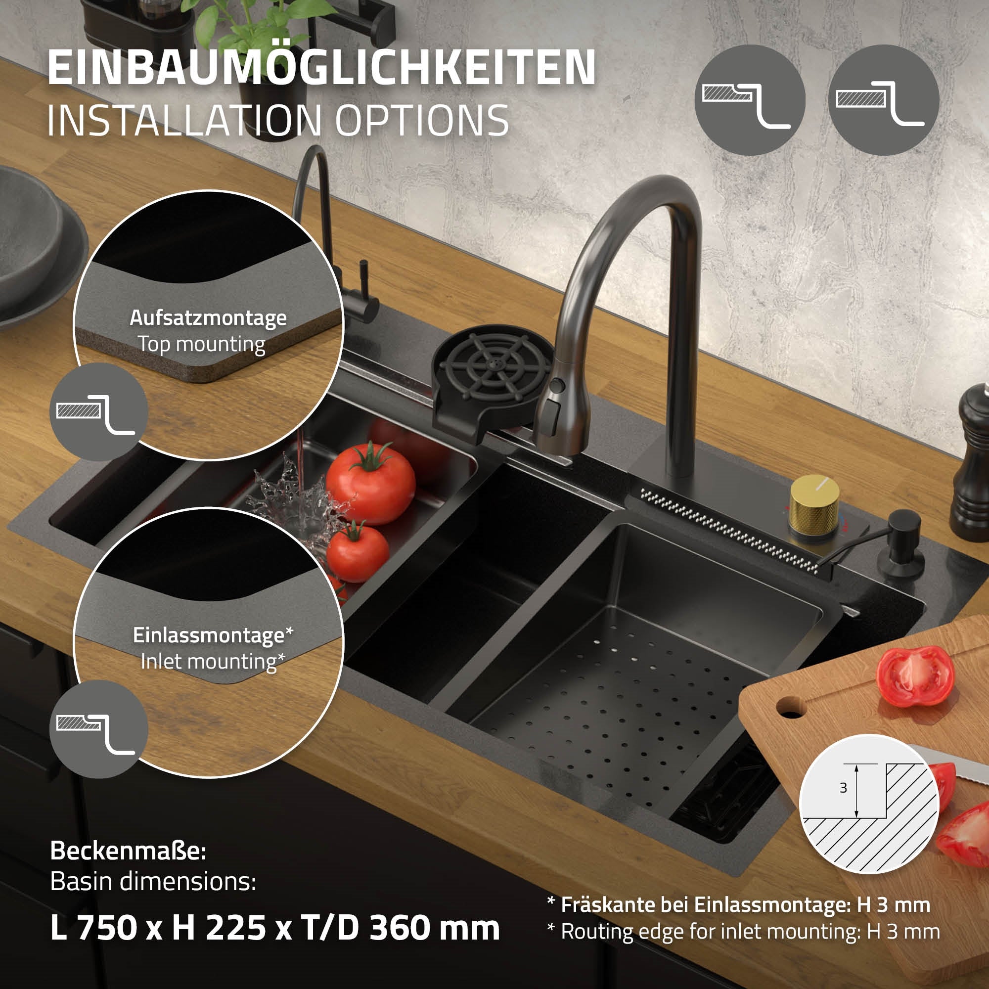 ECD Germany évier inox 80x46 cm anthracite 8 pièces robinet