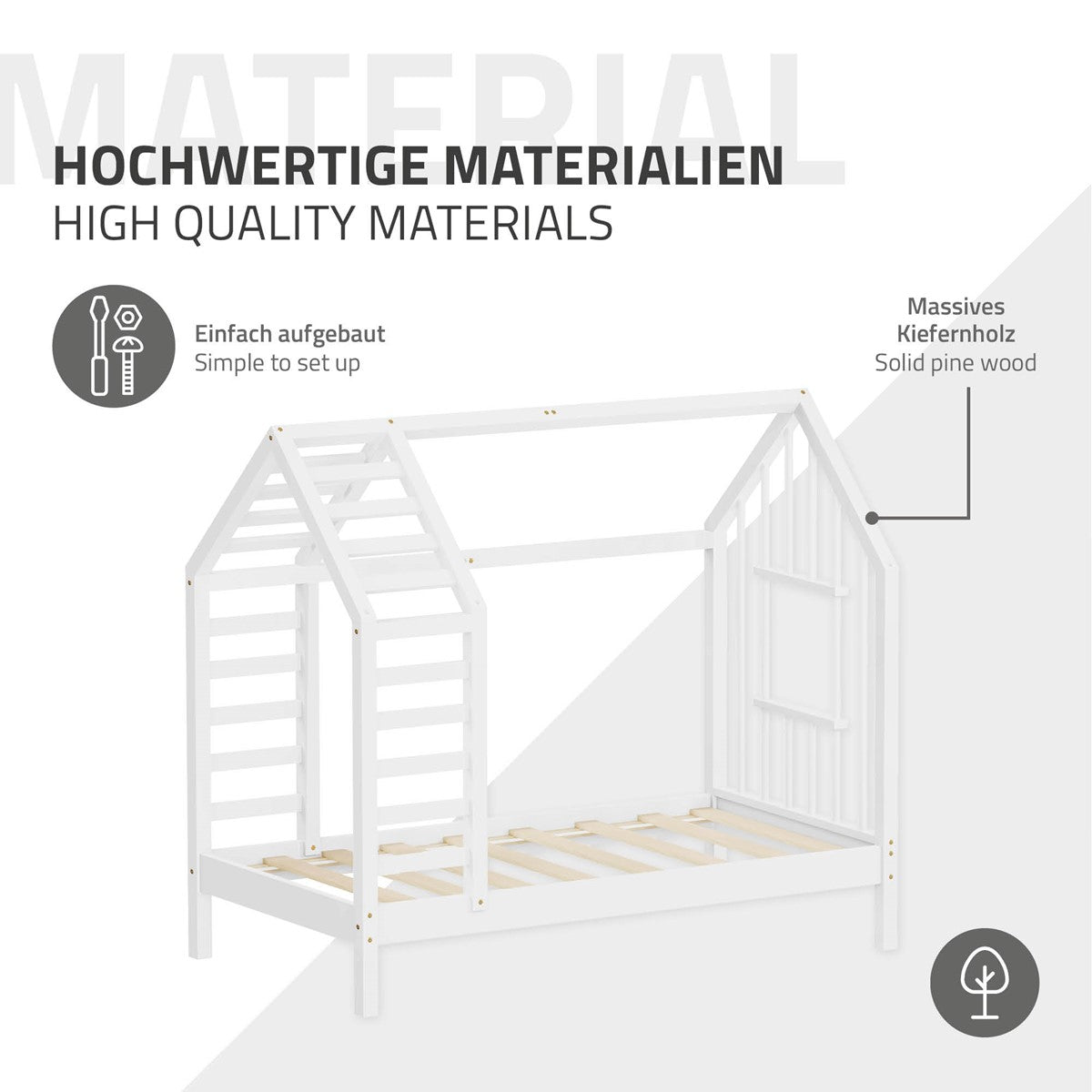 ECD Germany Kinder lit cabane 70x140 blanc pin sommier
