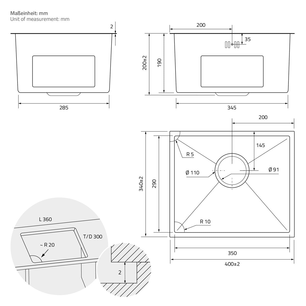 ECD Germany Sanitär évier inox 34x40 cm anthracite 1 bac