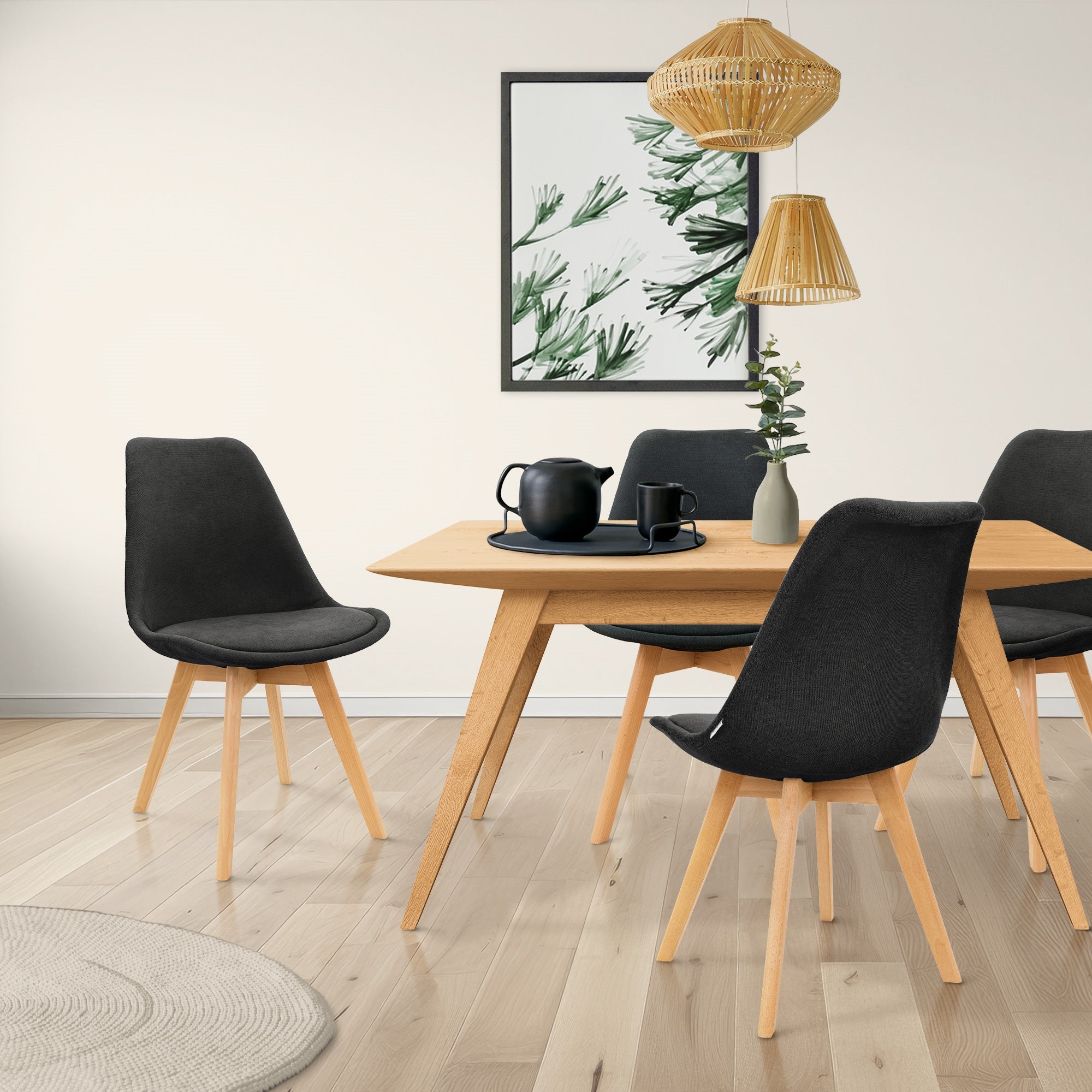 ECD Germany ML-Design lot 4 chaise salle à manger noir lin pieds bois