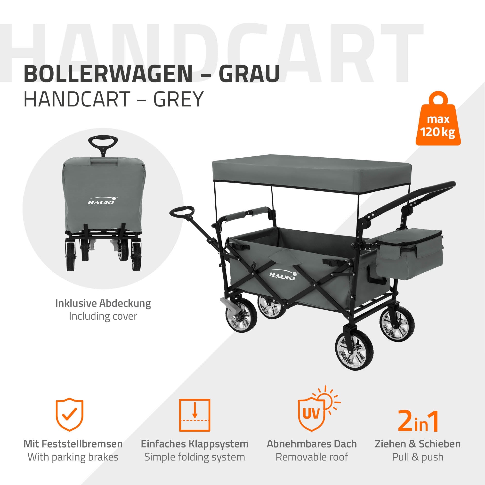 ECD Germany Garten chariot pliable XXL gris toit 120 kg