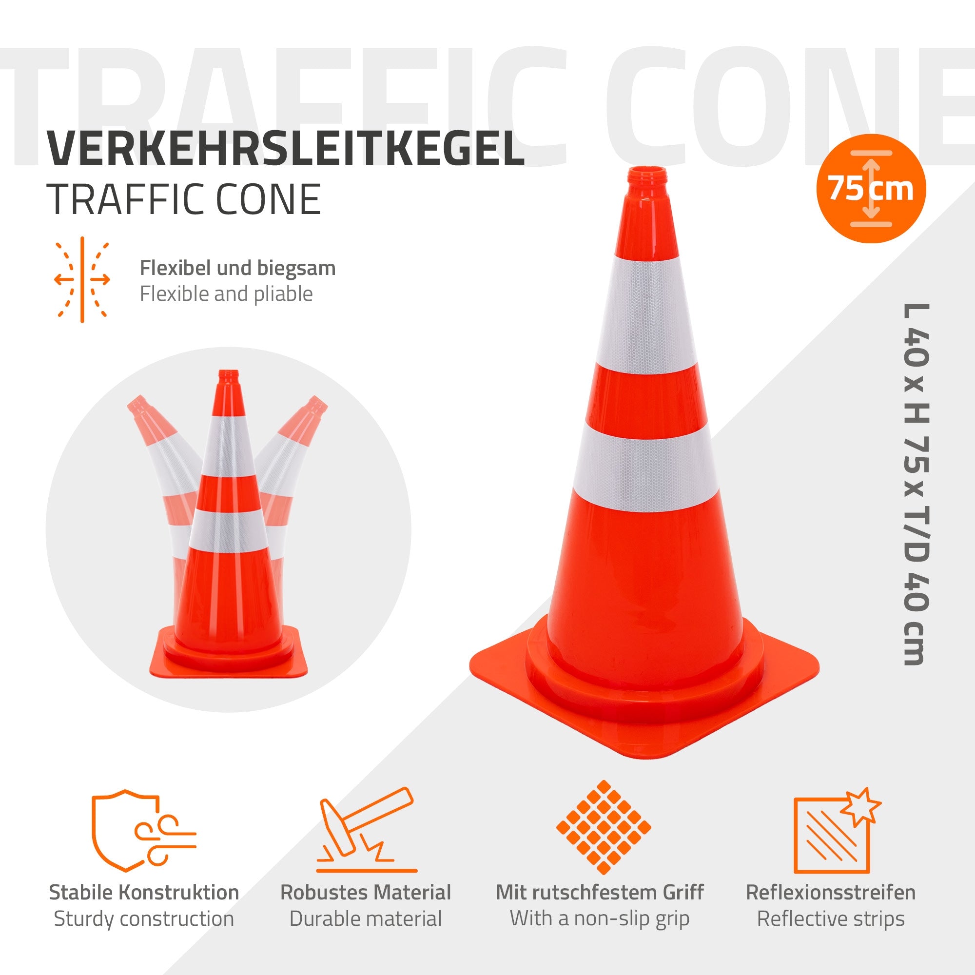 ECD Germany plot chantier PE orange 75 cm lot de 4 réfléchissant