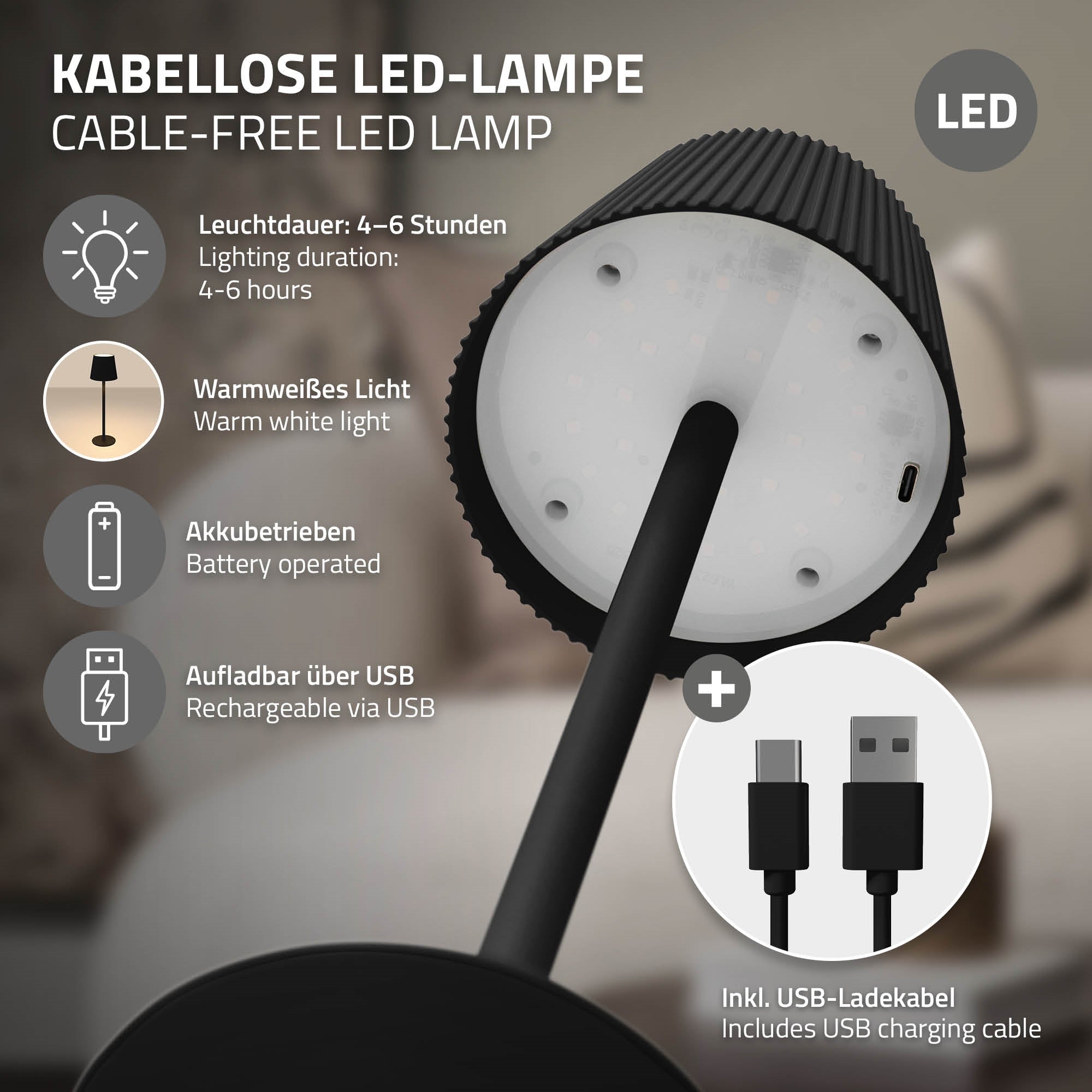 ECD Germany Möbel ML-Design lampe table LED sans fil tactile USB-C noire