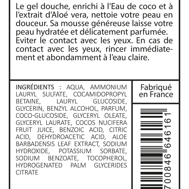 Eau de coco gel douche noix de coco aloé vera hydratant