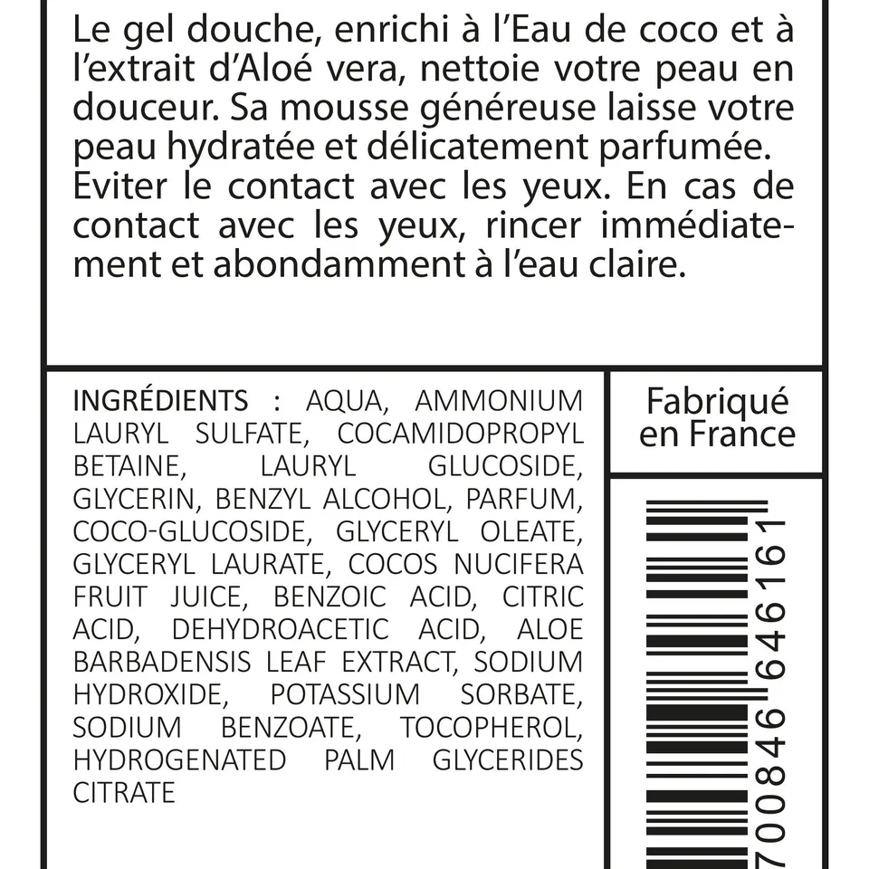 Eau de coco gel douche noix de coco aloé vera hydratant