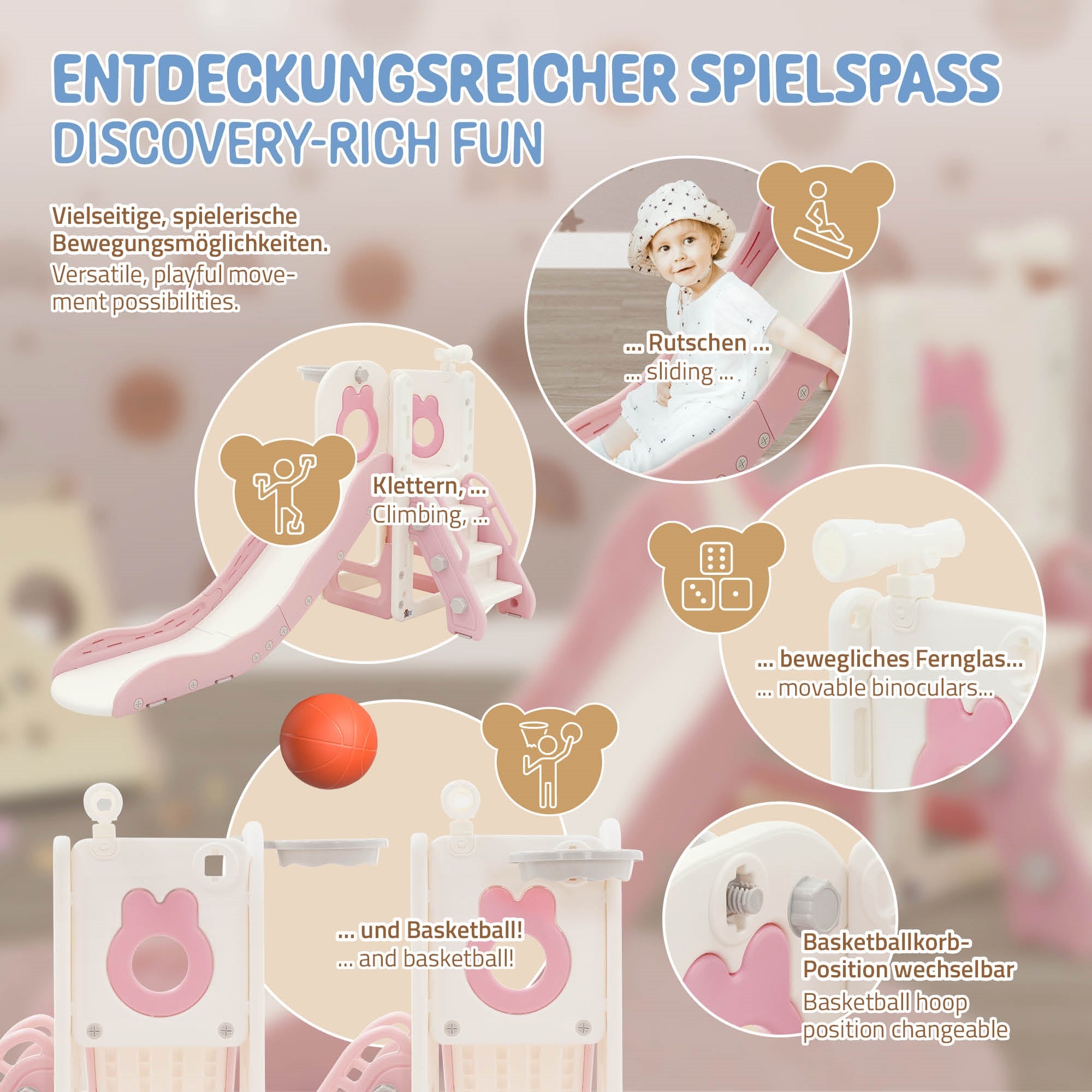 ECD Germany Kinder tour de jeu 3en1 toboggan rose-blanc