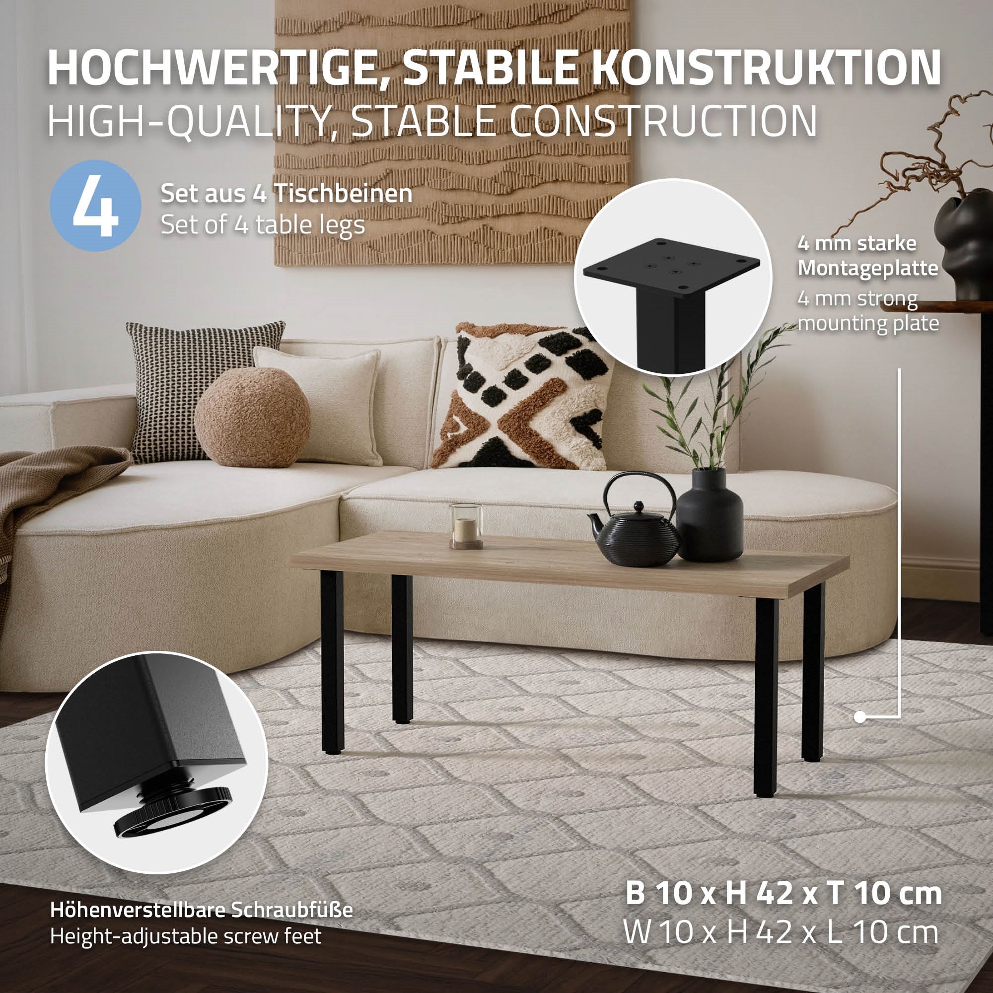 ECD Germany Möbel pieds table acier 42 cm noir lot 4 réglables