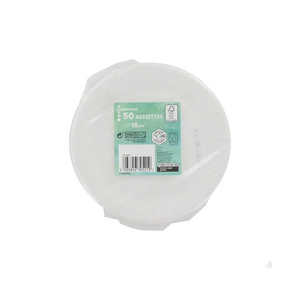 Leader Price Bazar assiettes carton 18cm jetables x50 fêtes